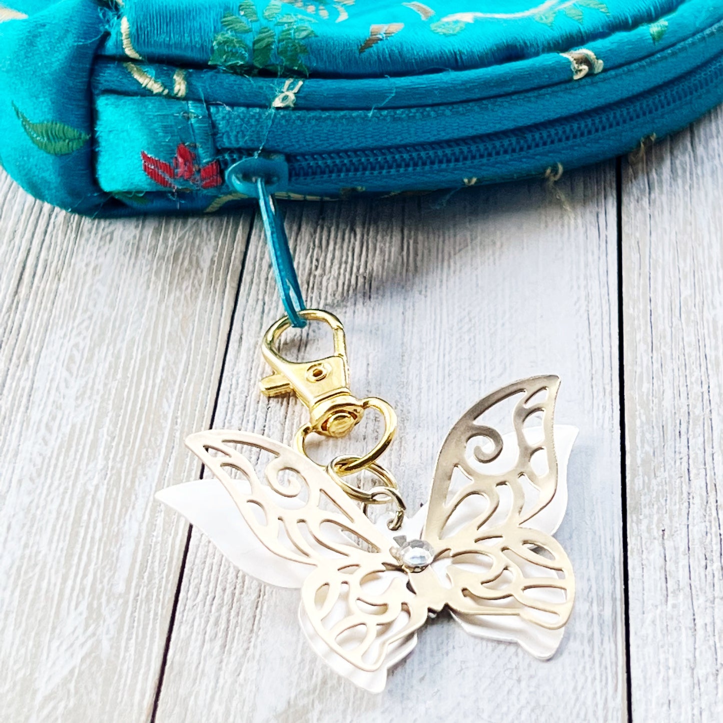 Gold & Silver Butterfly Zipper Pull Keychain Purse Charm with Filigree & Rhinestone Accents - Elegant & Stylish Accessory for Your Bag