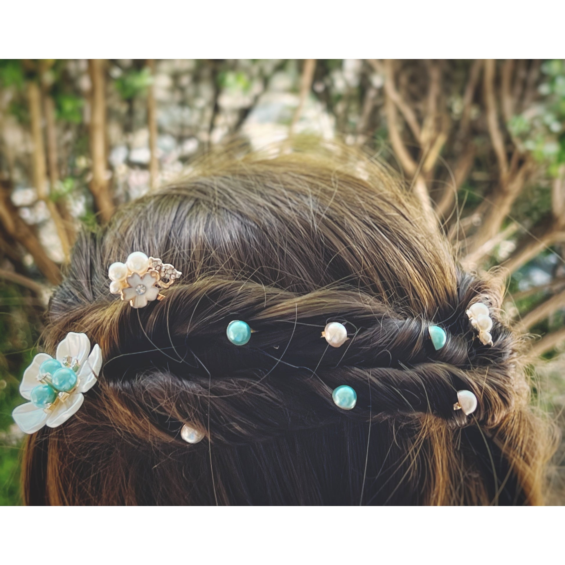 Blue Pearl Hair Pins Set - Wedding Hair Jewelry for Bride | White Floral & Rhinestone Bobby Pins for Elegant Hairstyles