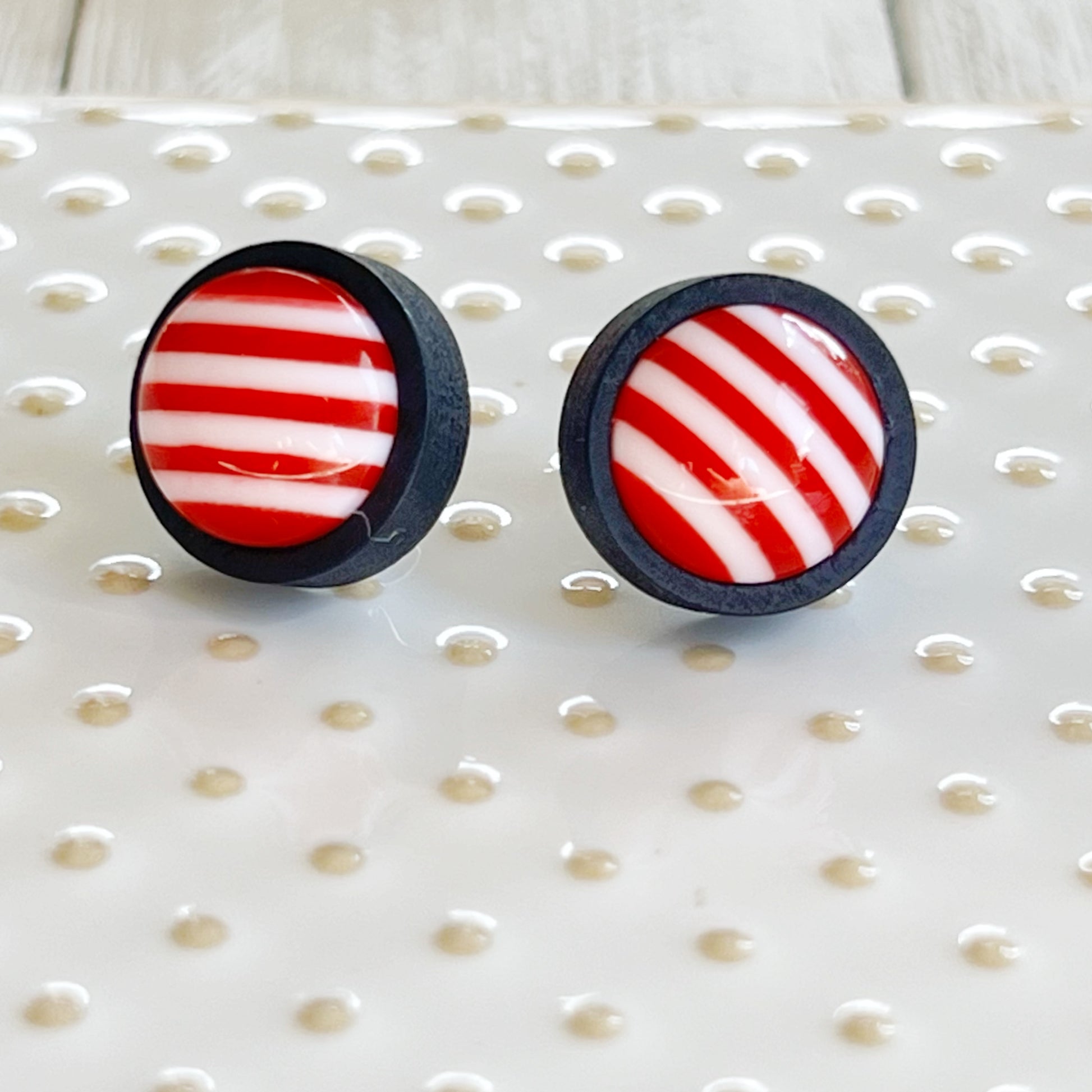 Peppermint Stripe Stud Earrings – Red & White Holiday Candy Cane Jewelry