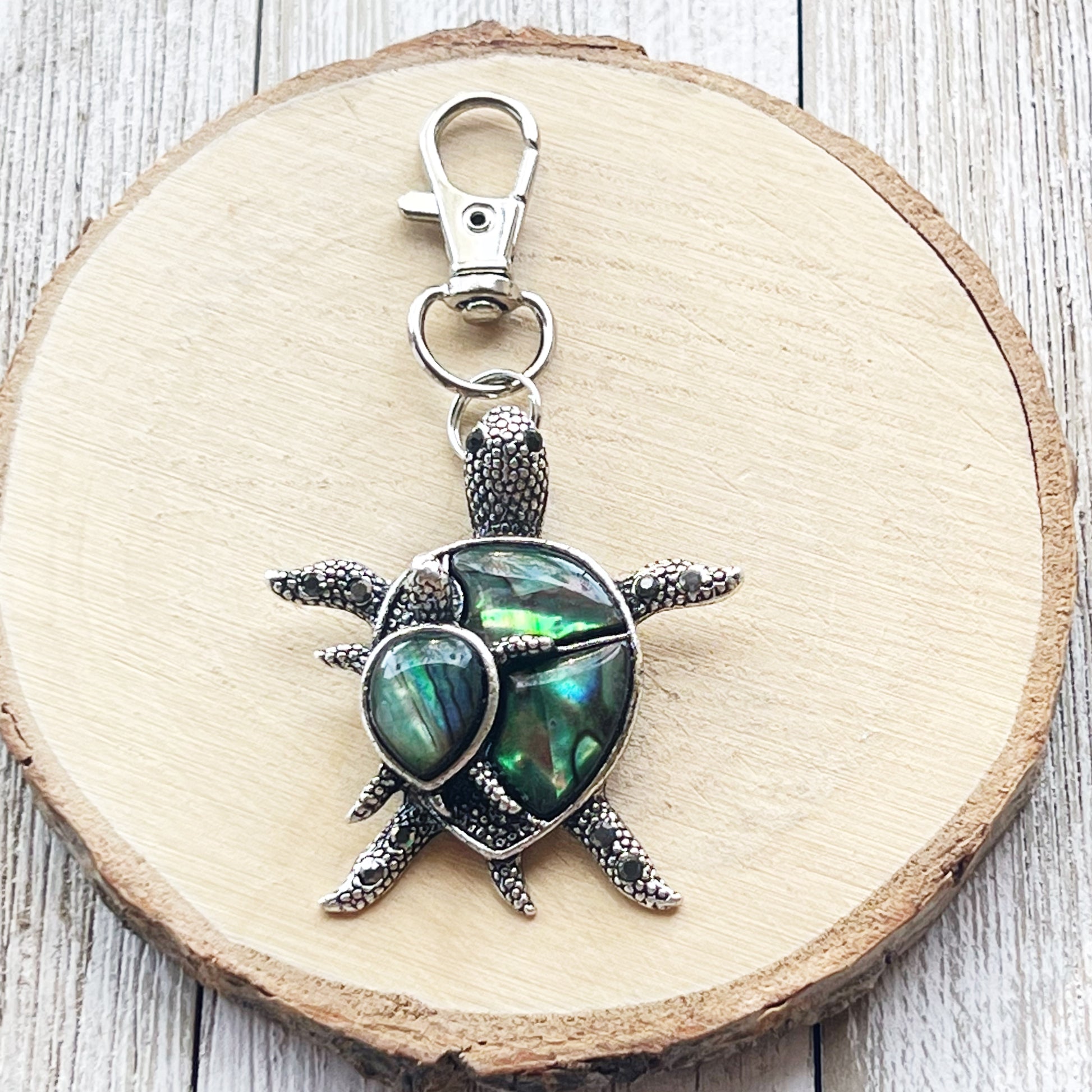 Turtle with Baby Purse Charm with Natural Abalone - Adorable Coastal-Inspired Accessory