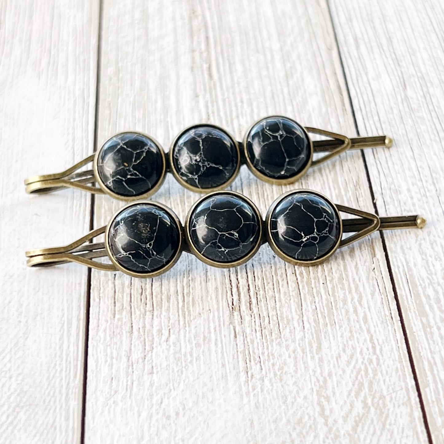 Black Marble Hair Pins – Moody Boho Stone Hair Clips in Bronze Tone