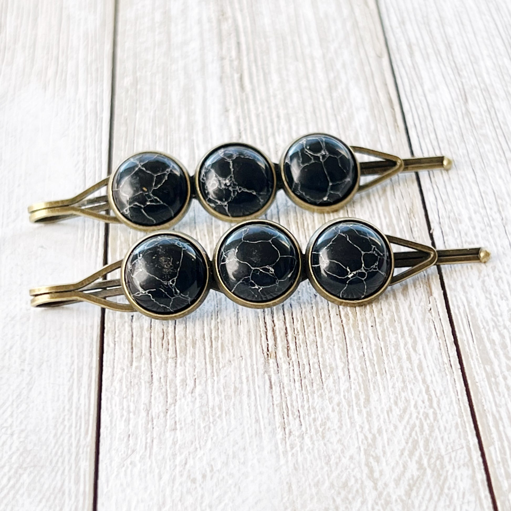 Black Marble Hair Pins – Moody Boho Stone Hair Clips in Bronze Tone