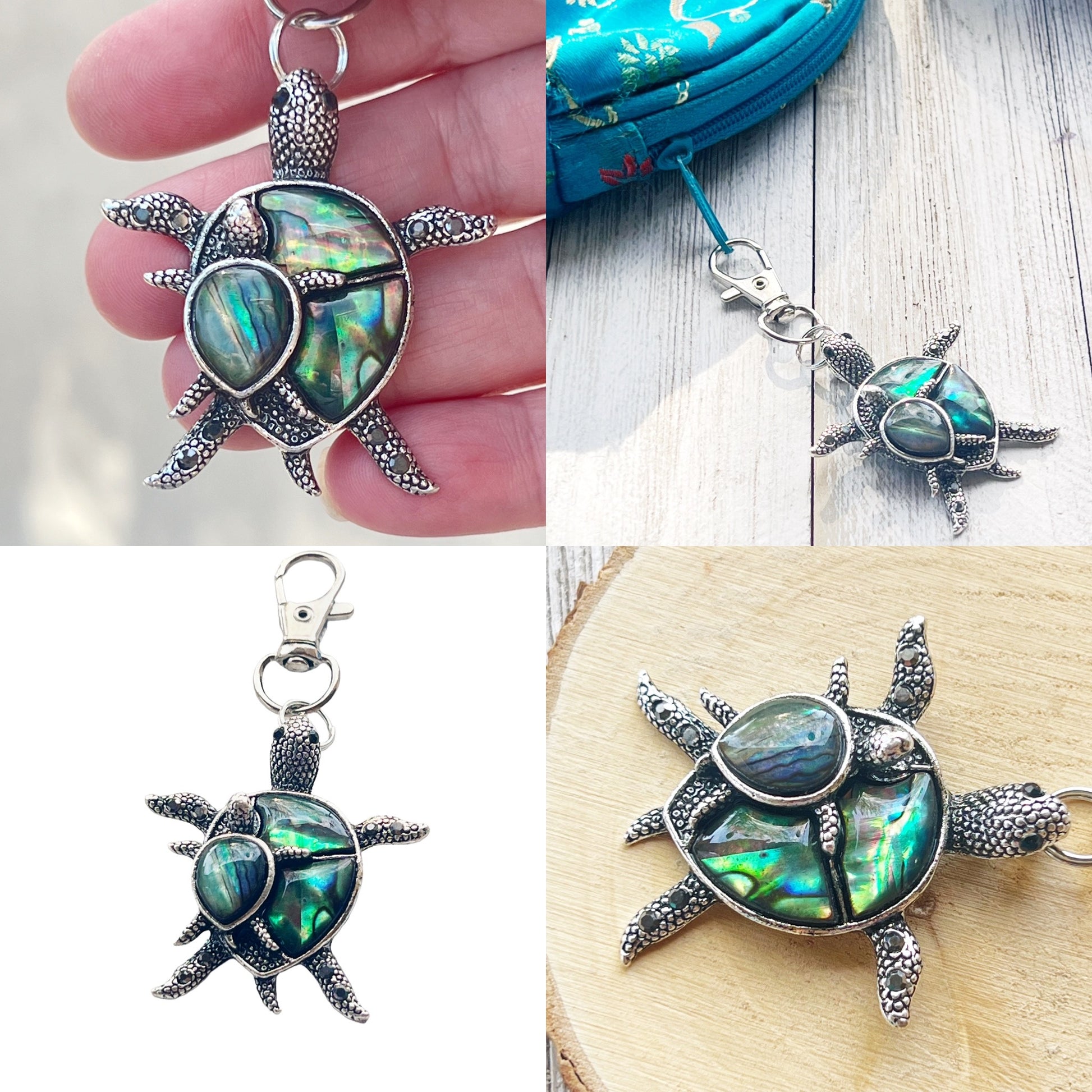 Turtle with Baby Purse Charm with Natural Abalone - Adorable Coastal-Inspired Accessory