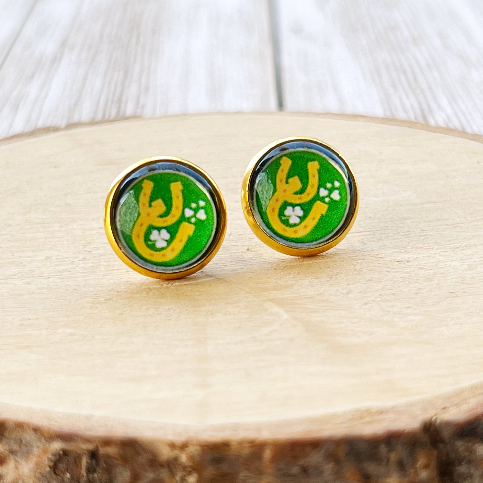 Lucky Horseshoe Stud Earrings – Green & Gold St. Patrick’s Day Jewelry for Her