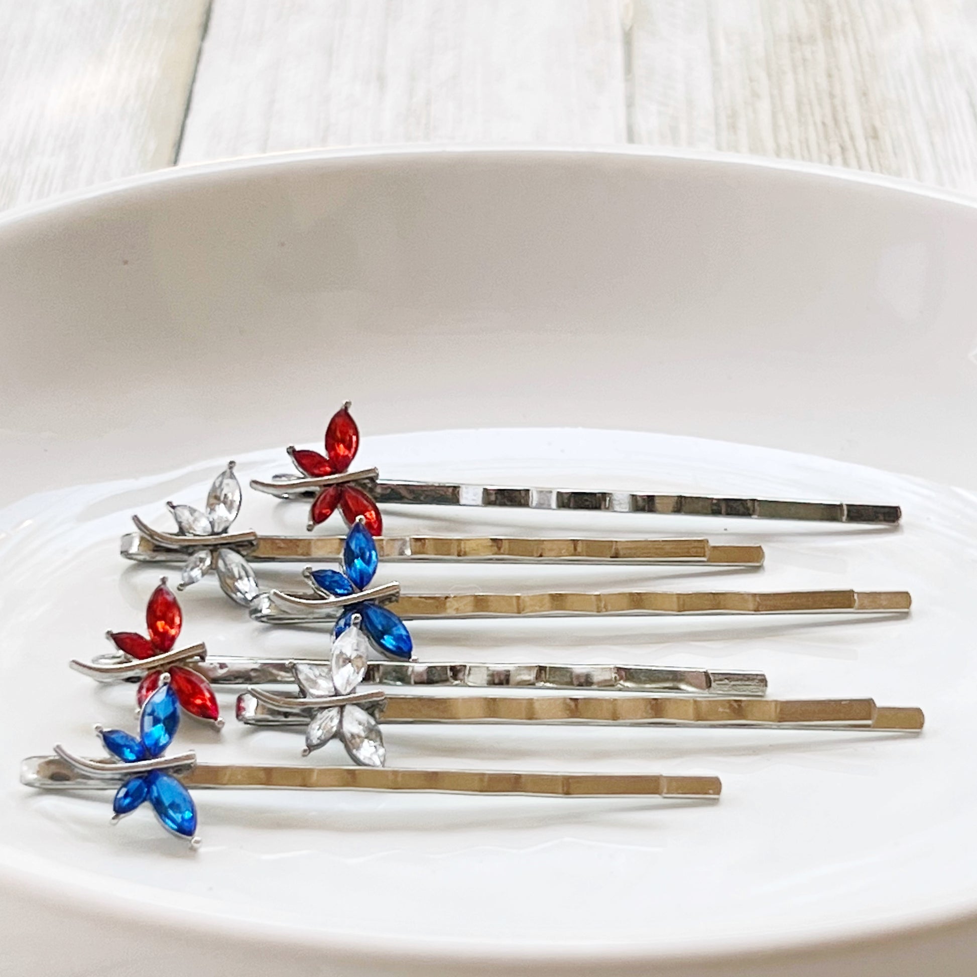 Red White & Blue Dragonfly Hair Pin, Hair Pins For Woman, Womens Hair Clip, Womens Bobby Pins, Rhinestone Hair Pin