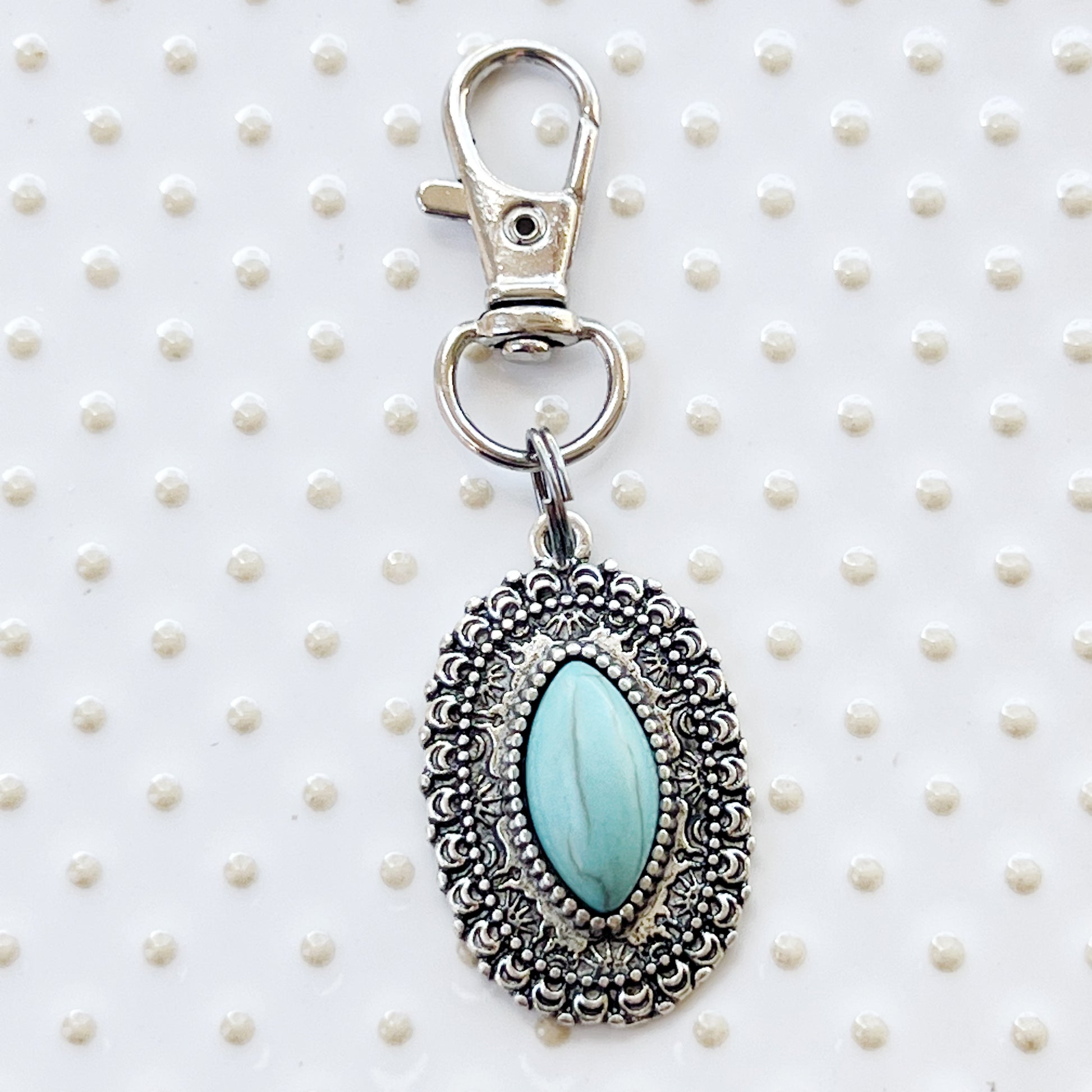 Turquoise Oval Purse Charm – Silver Western Keychain with Filigree Frame