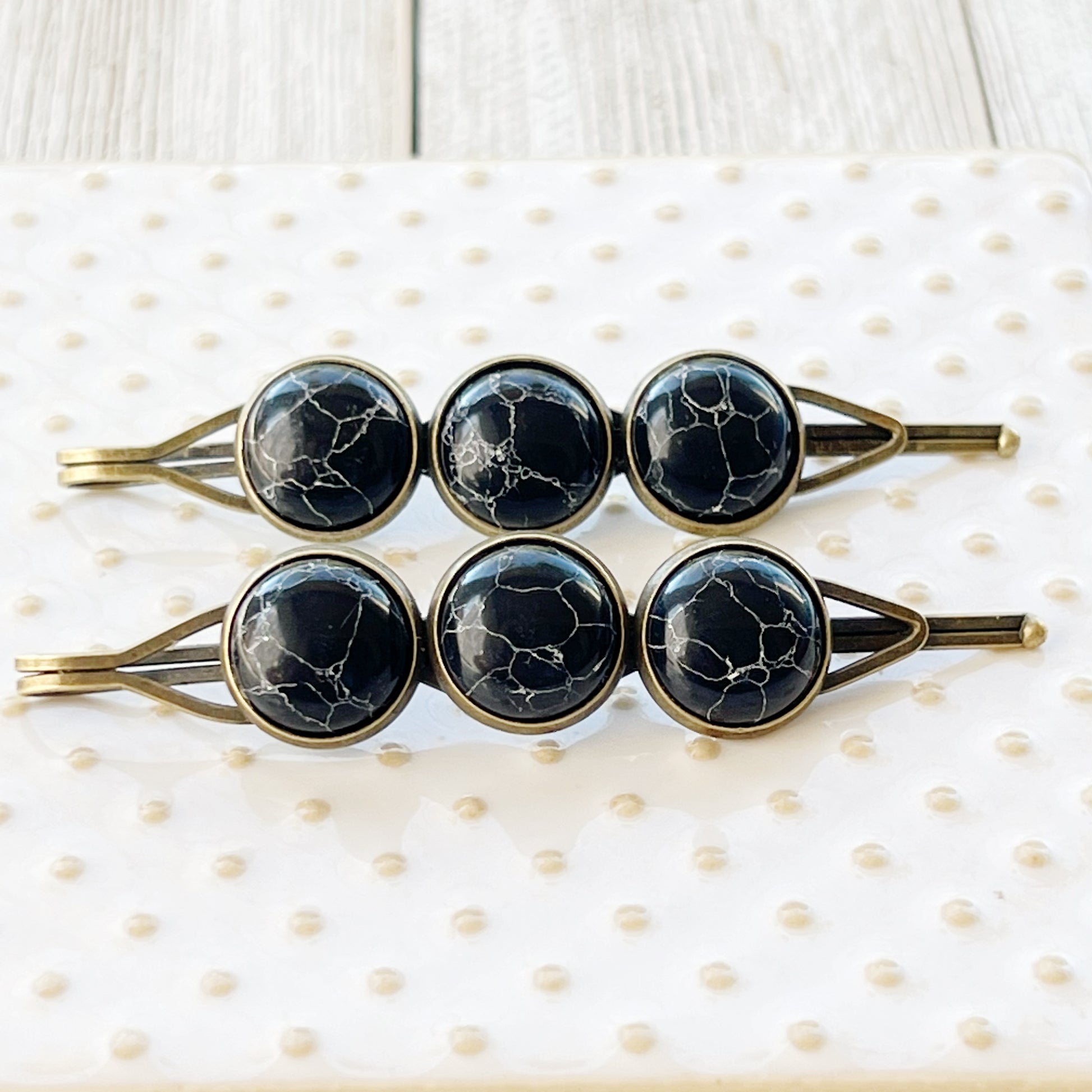 Black Marble Hair Pins – Moody Boho Stone Hair Clips in Bronze Tone