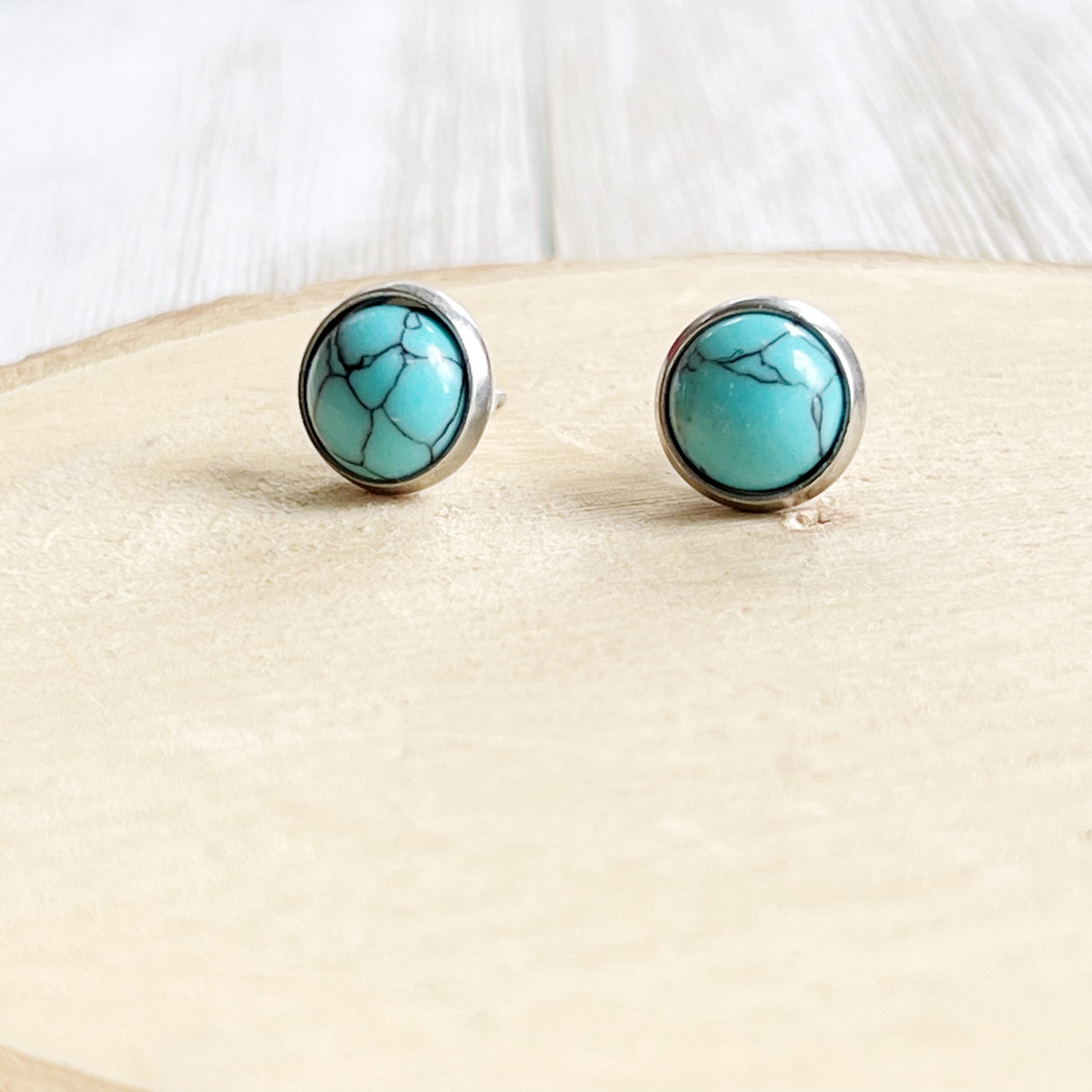 Turquoise Stud Earrings – 8mm Round Boho Western Style Jewelry in Silver