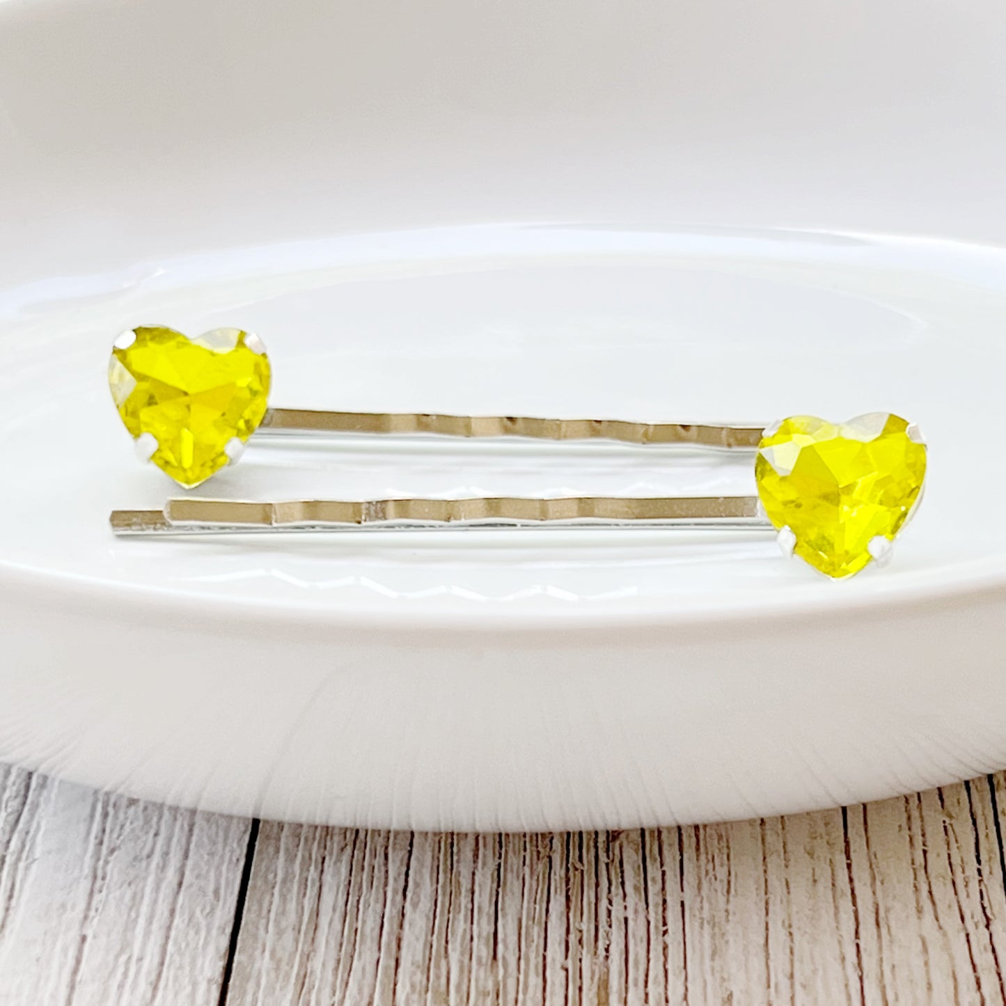 Yellow Rhinestone Heart Silver Hair Pins: Sparkling Romantic Accents
