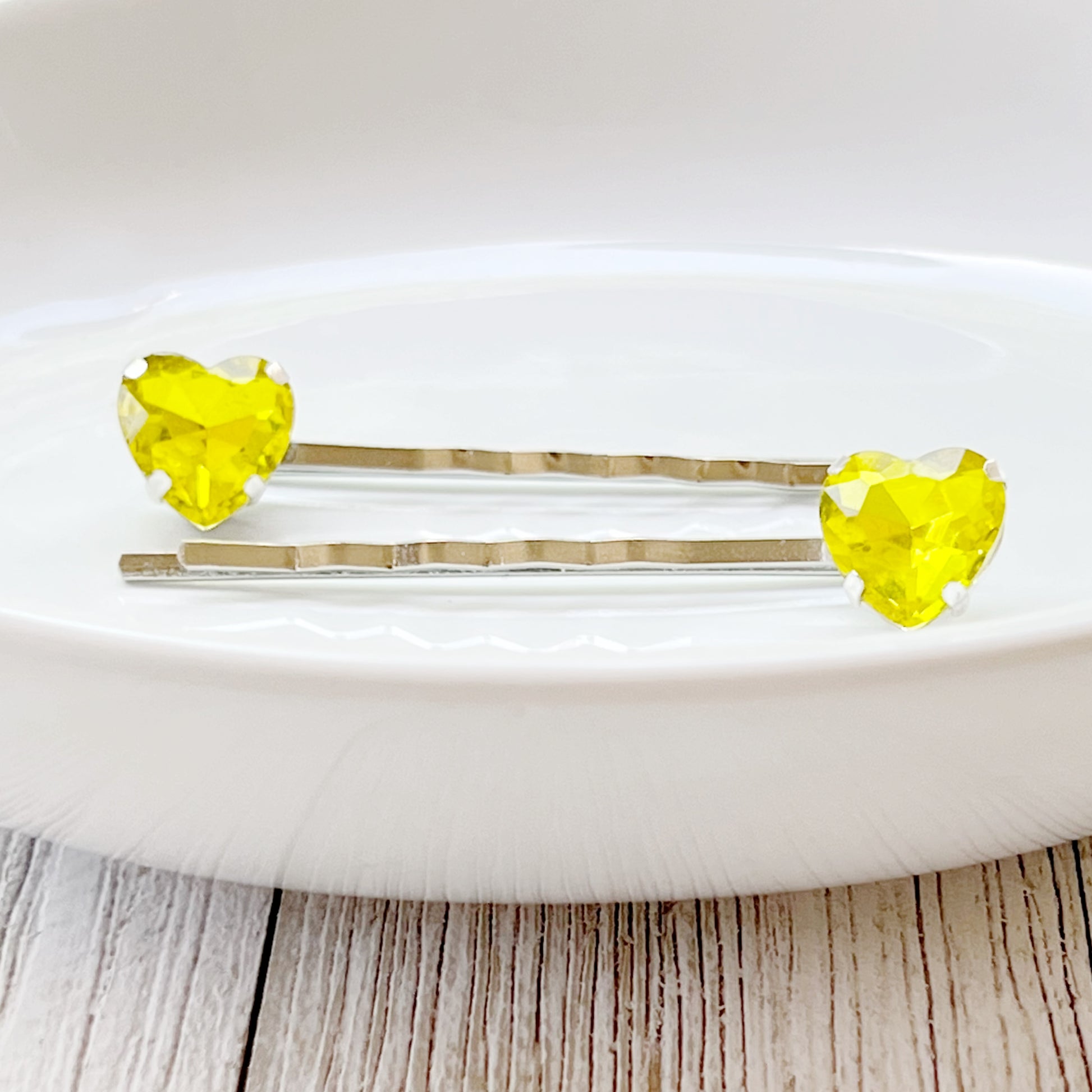 Yellow Rhinestone Heart Silver Hair Pins: Sparkling Romantic Accents