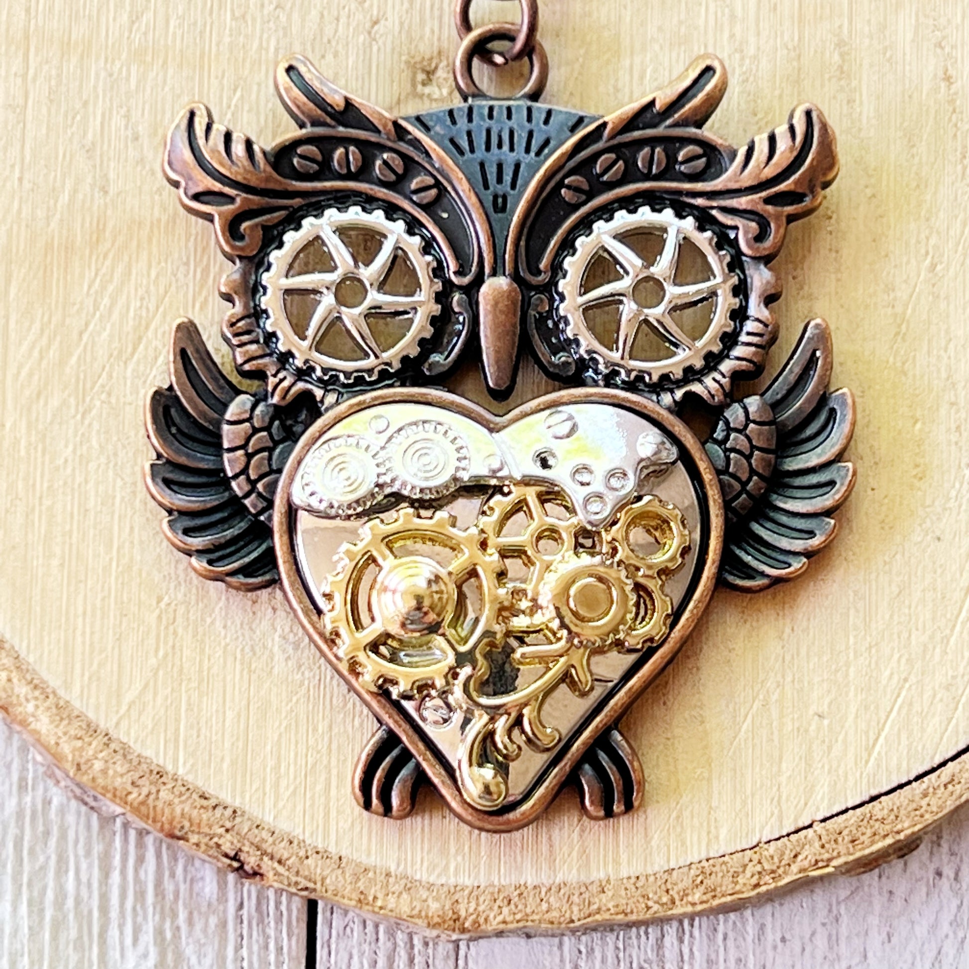 Steampunk Owl Purse Charm – Mixed Metal Heart Keychain with Gear Details