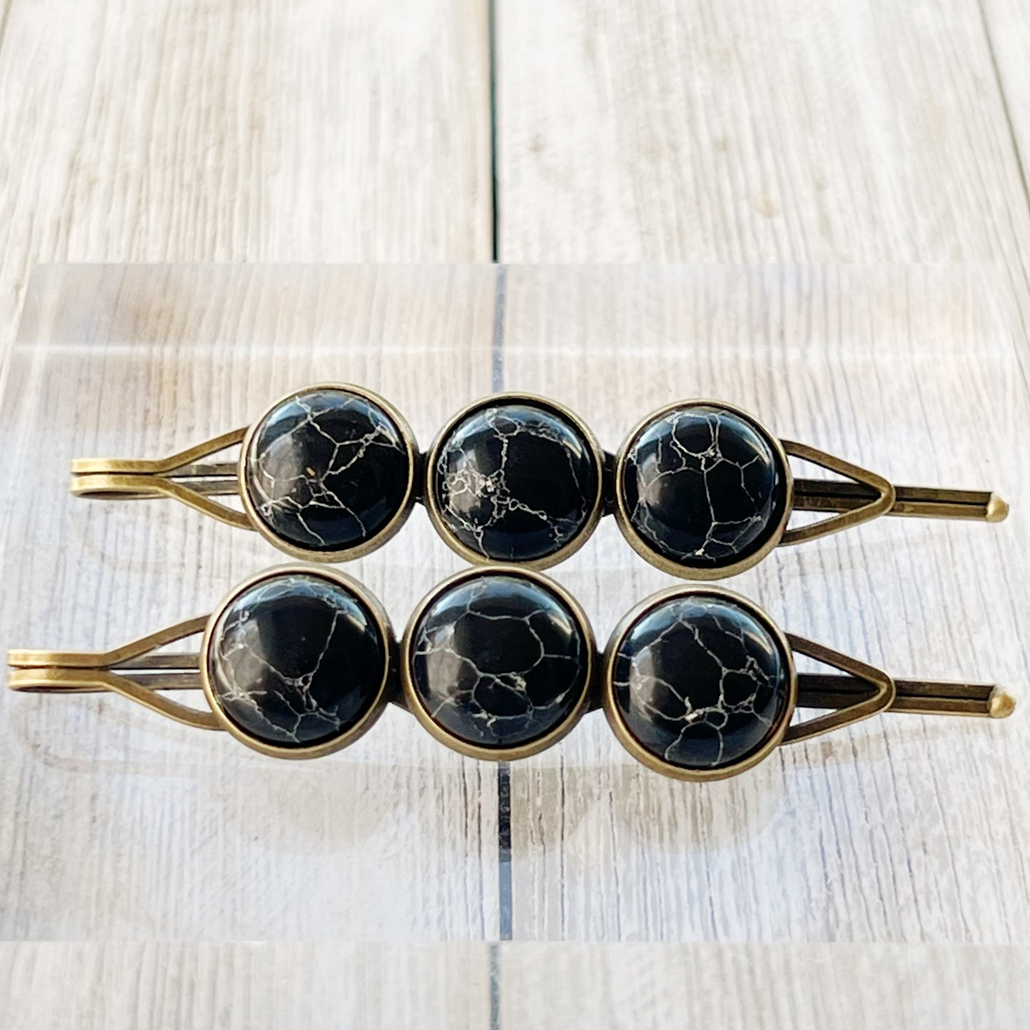 Black Marble Hair Pins – Moody Boho Stone Hair Clips in Bronze Tone
