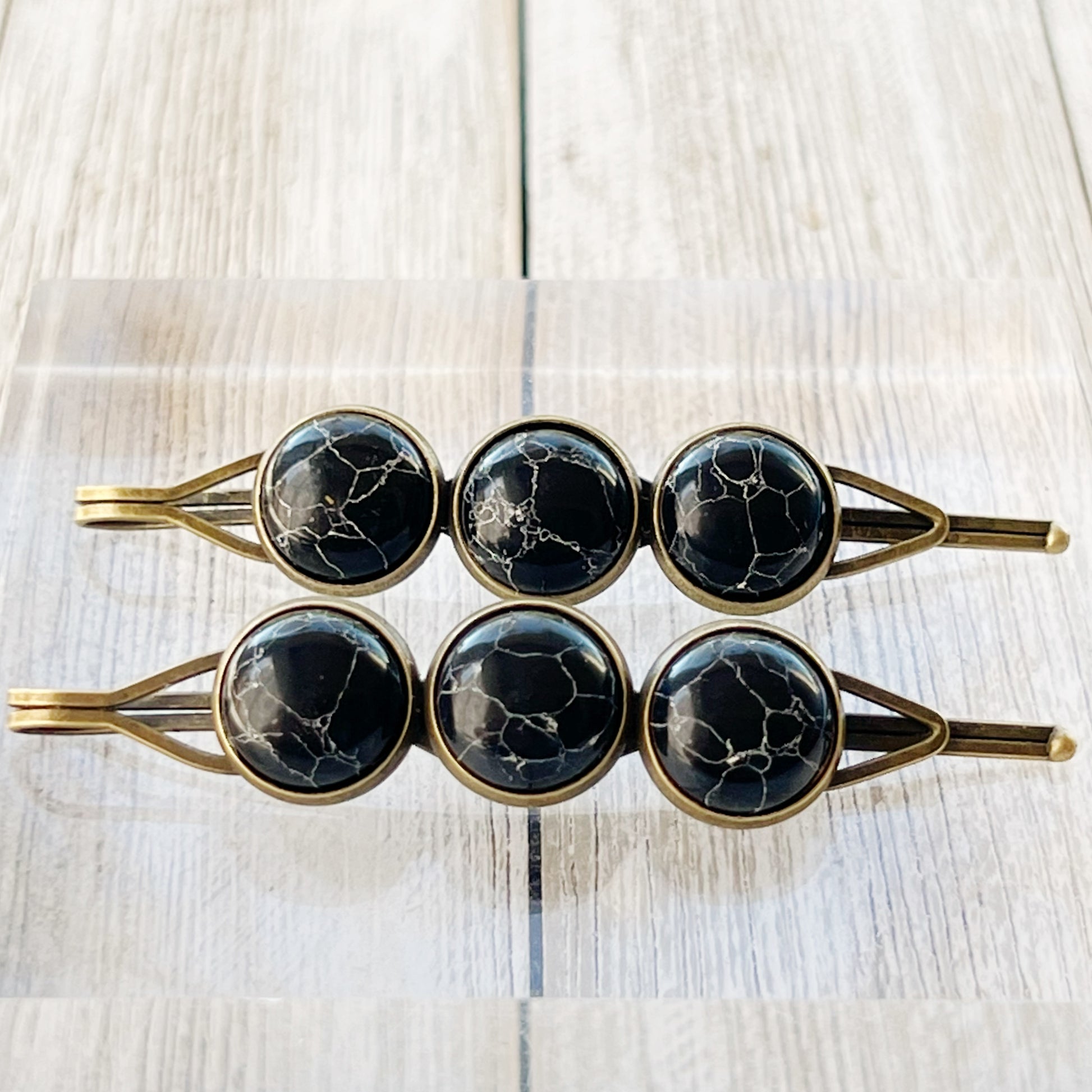 Black Marble Hair Pins – Moody Boho Stone Hair Clips in Bronze Tone