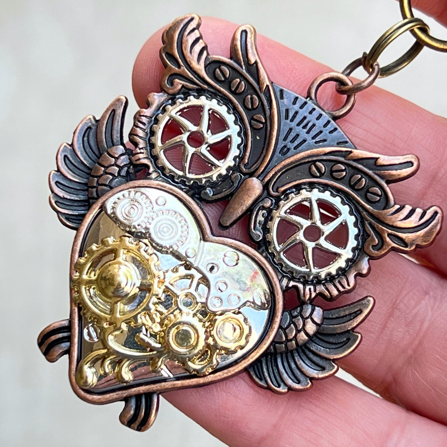 Steampunk Owl Purse Charm – Mixed Metal Heart Keychain with Gear Details