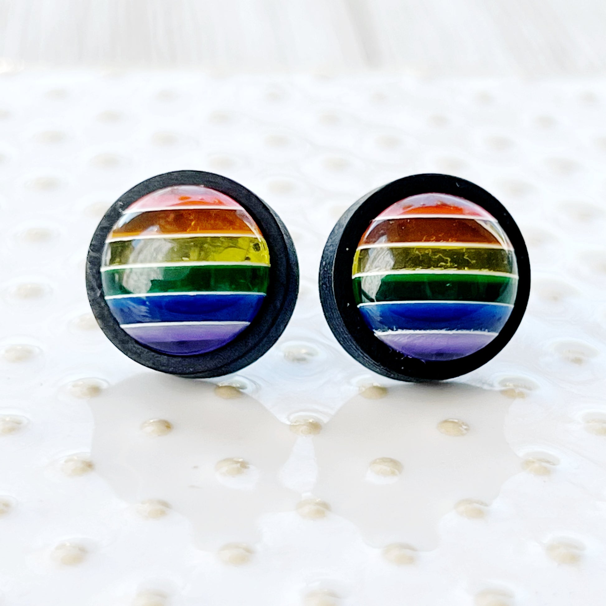 Rainbow Stripe Resin Stud Earrings – Colorful Handmade Jewelry in Black Wood