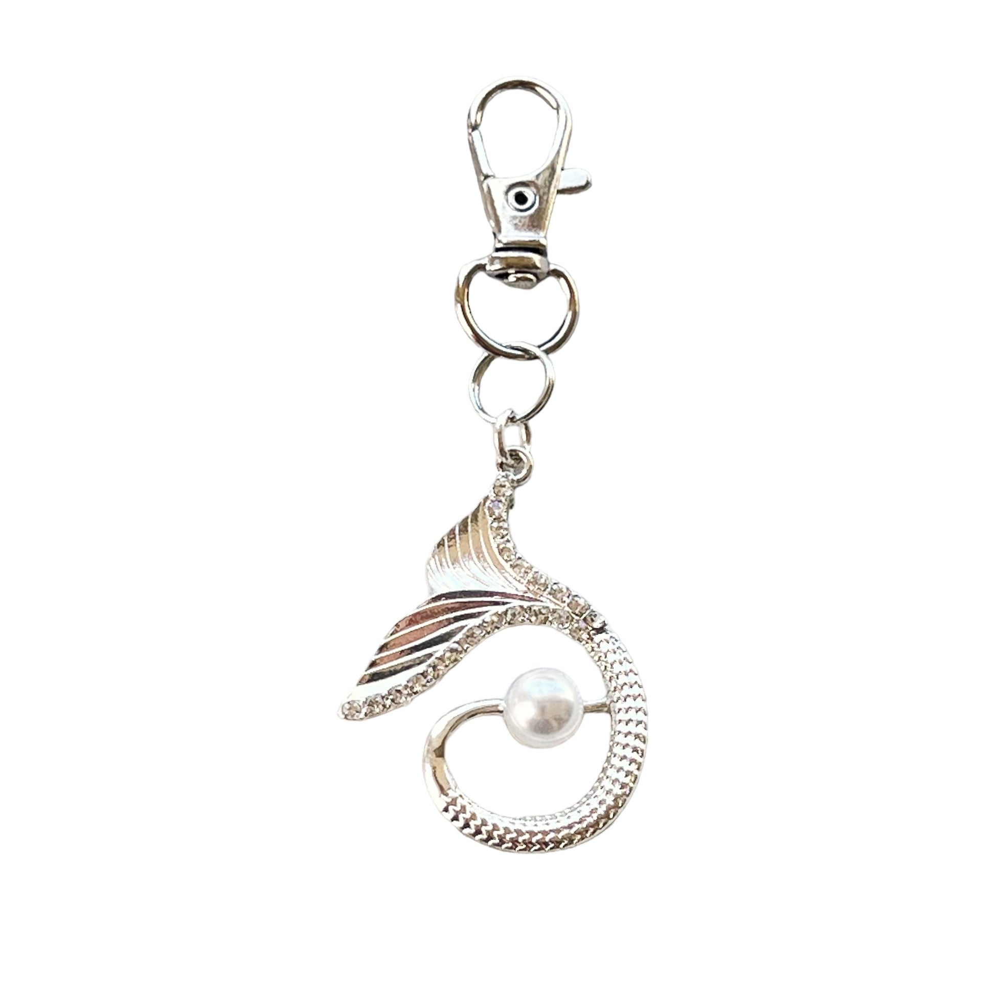 Mermaid Tail Purse Charm – Silver Ocean-Inspired Keychain with Pearl & Rhinestones