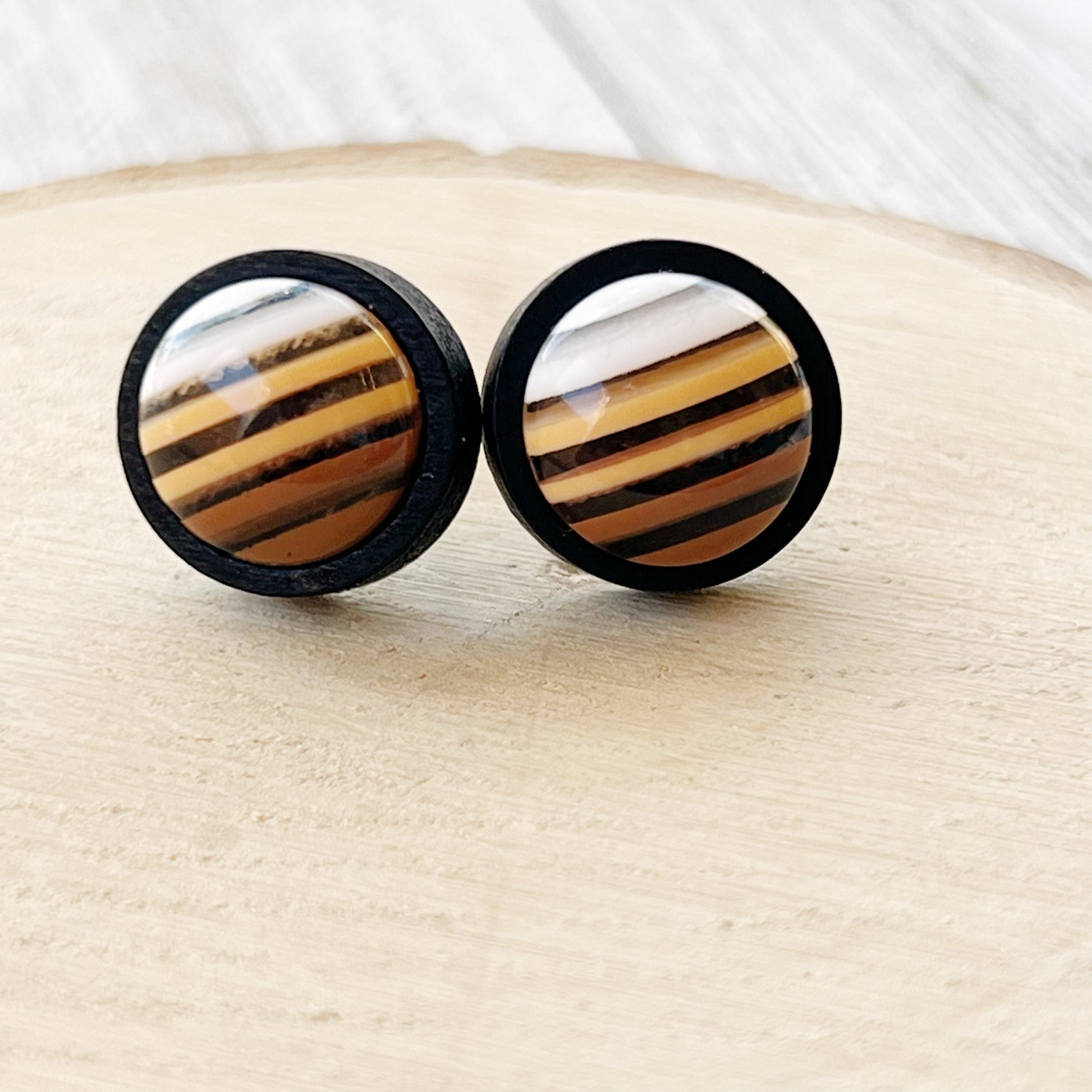 Earth Tone Stripe Resin Stud Earrings – Round Handmade Fall Jewelry in Black Wood