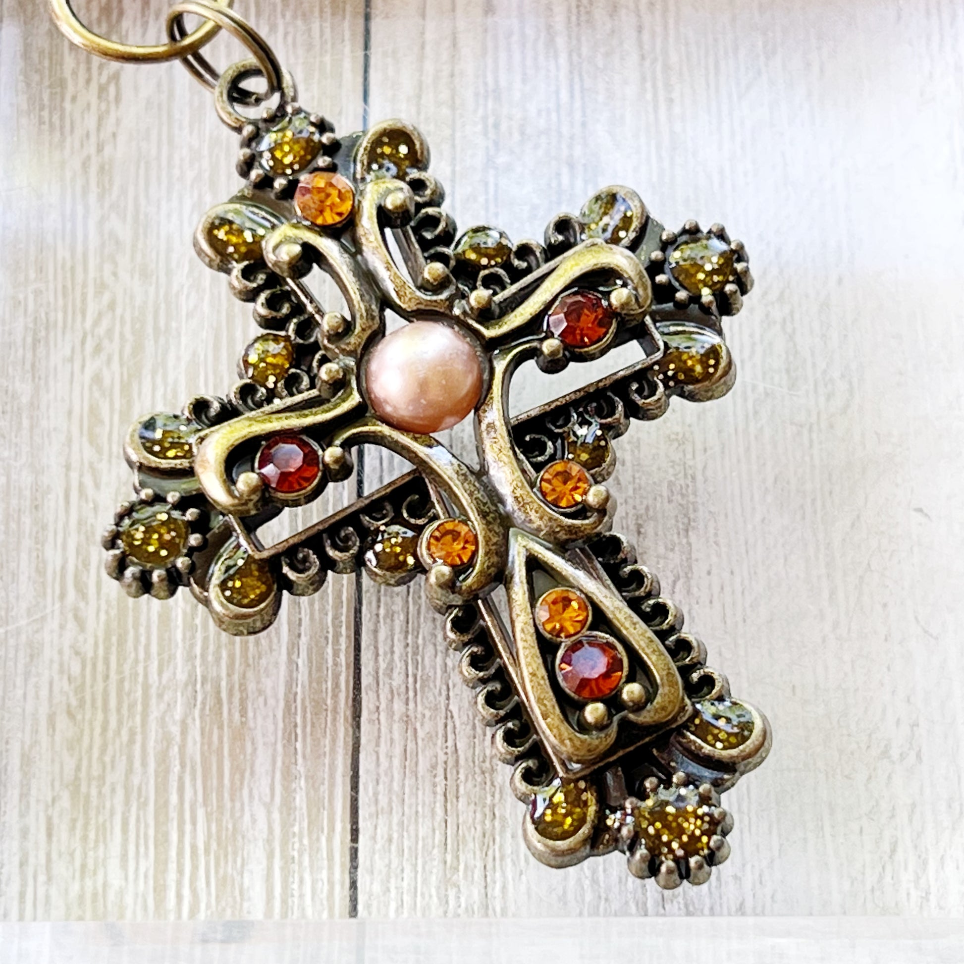 Ornate Cross Purse Charm – Vintage Bronze Keychain with Amber Rhinestones & Pearl
