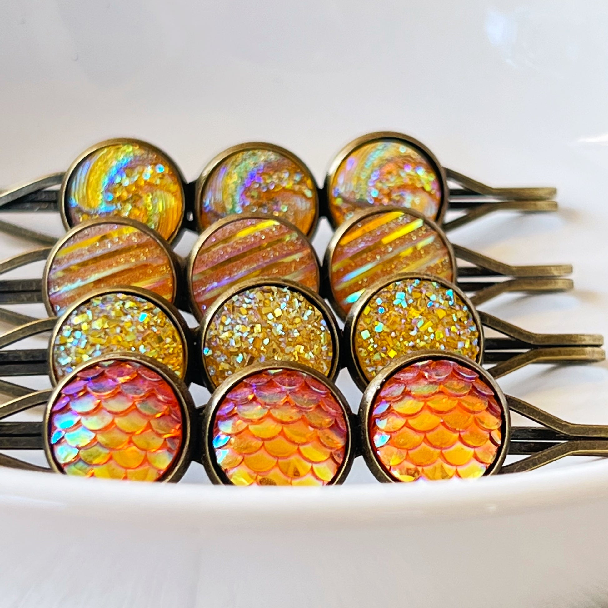 Yellow-Orange Glitter Druzy Hair Pins Set - Set of 4 with Unique Pattern Designs
