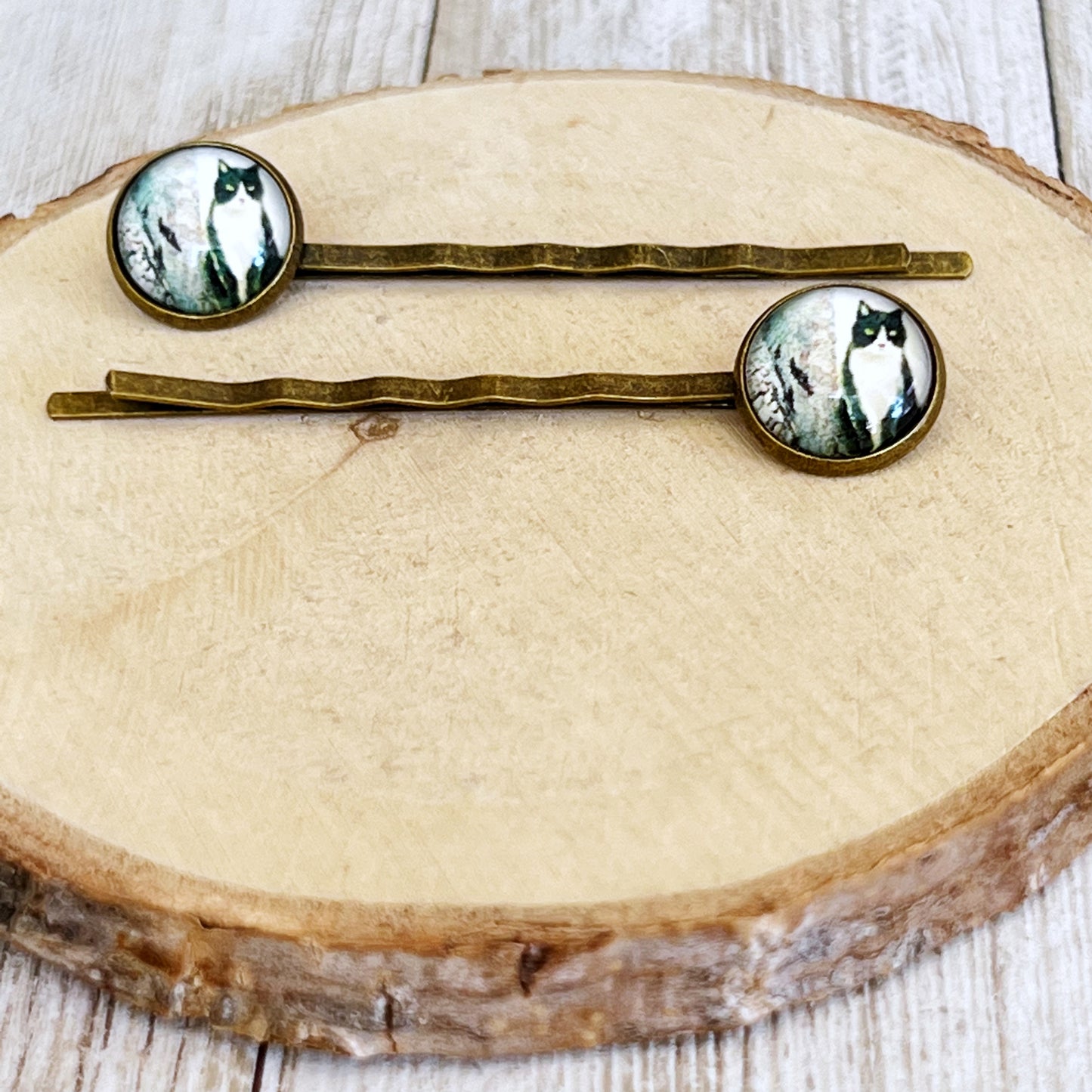 Black & White Cat Brass Hair Pins - Feline-Inspired Accessories