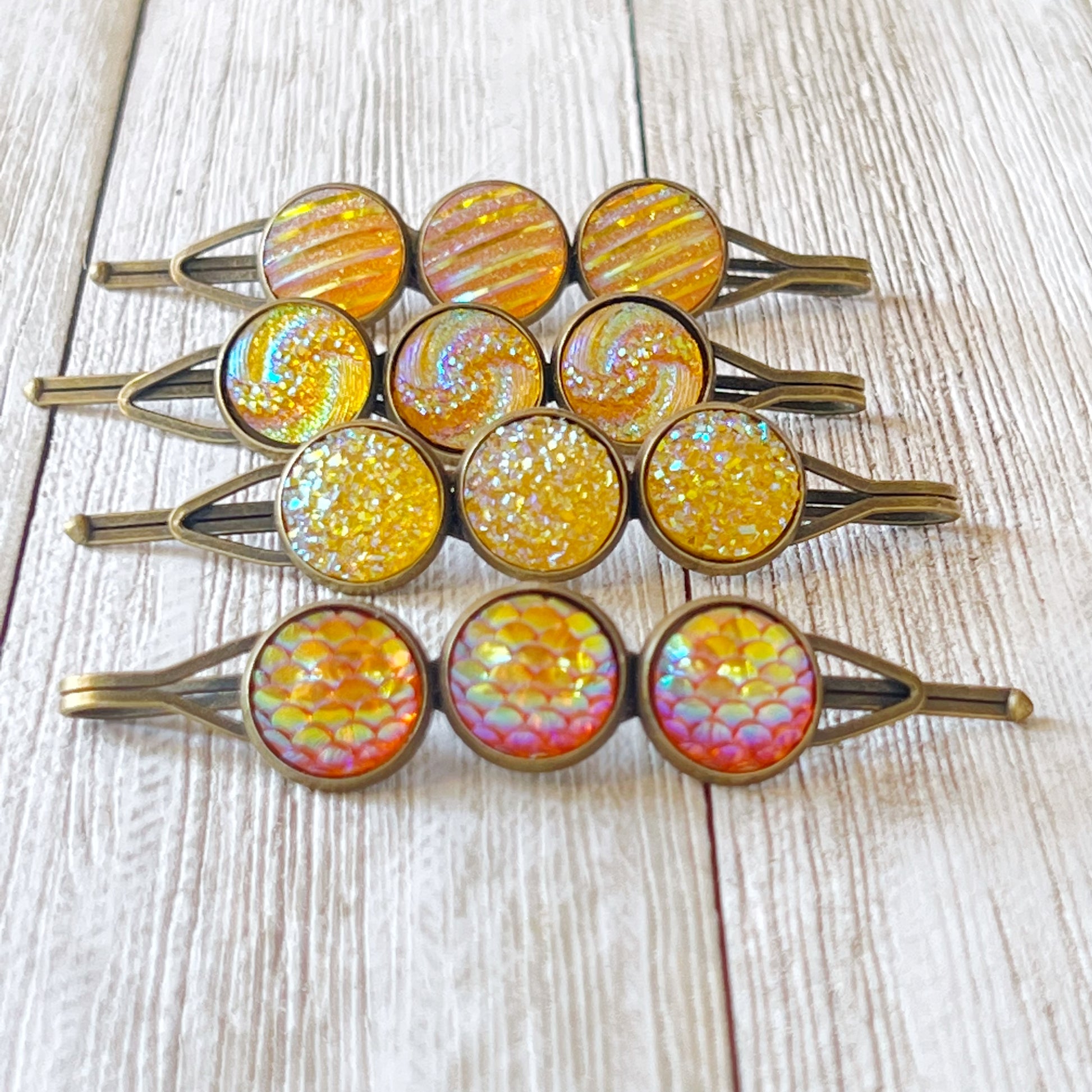 Yellow-Orange Glitter Druzy Hair Pins Set - Set of 4 with Unique Pattern Designs