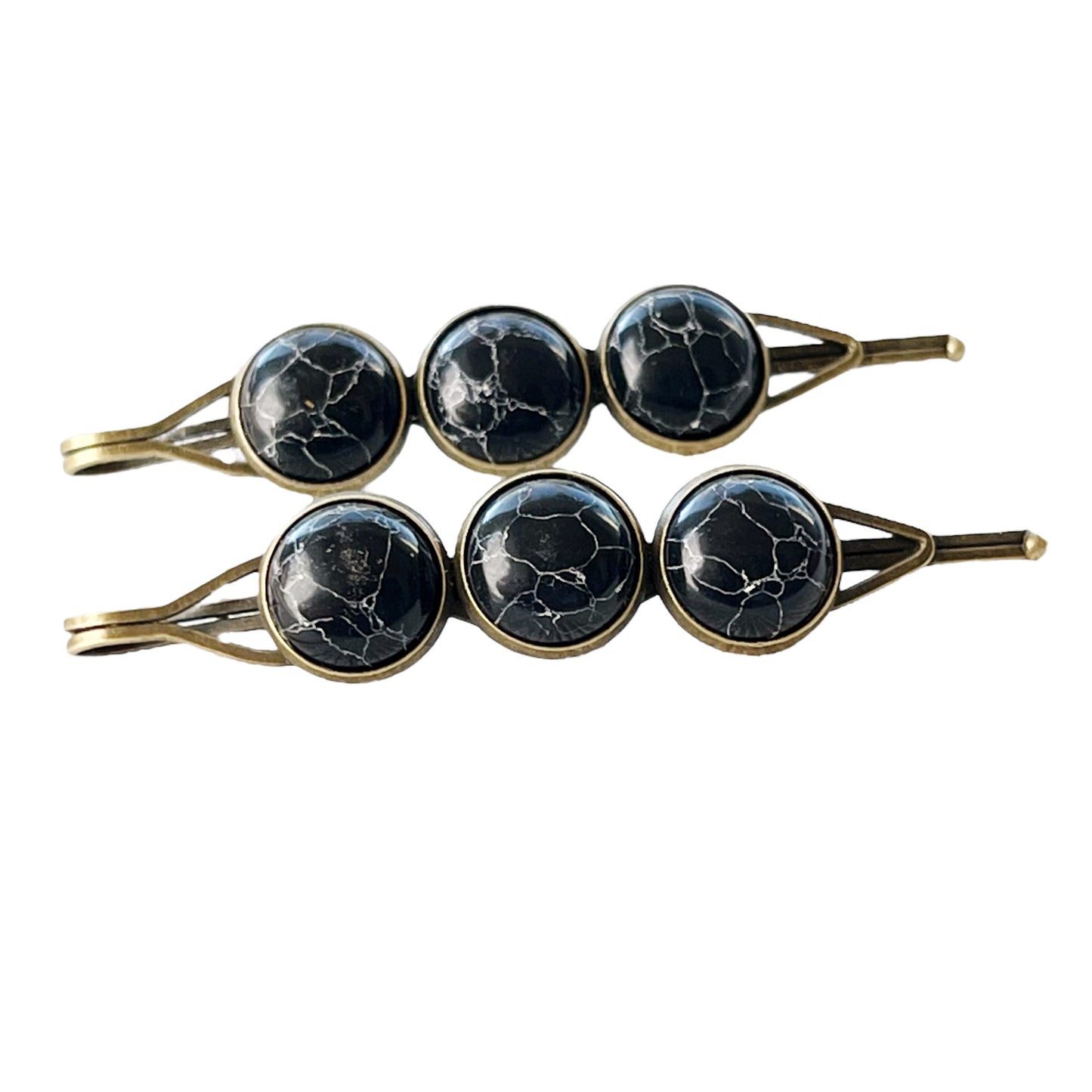 Black Marble Hair Pins – Moody Boho Stone Hair Clips in Bronze Tone