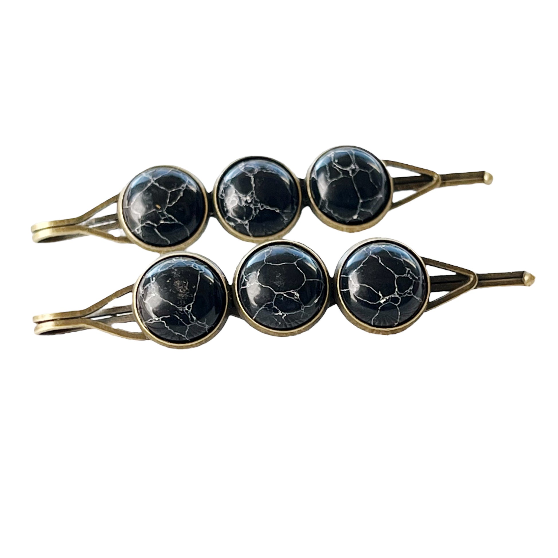 Black Marble Hair Pins – Moody Boho Stone Hair Clips in Bronze Tone