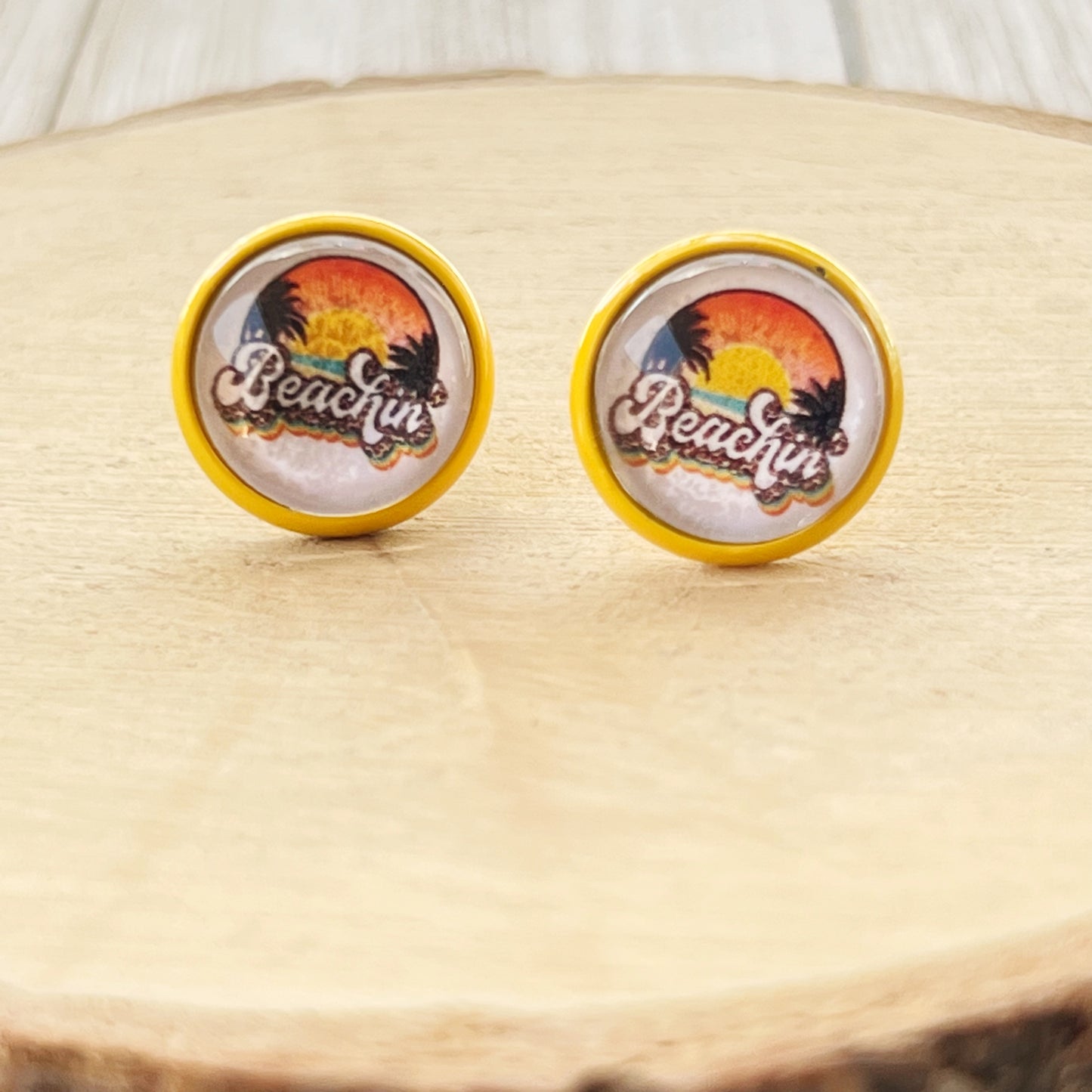 Beachin’ Sunset Stud Earrings – Tropical Retro Summer Jewelry with Yellow