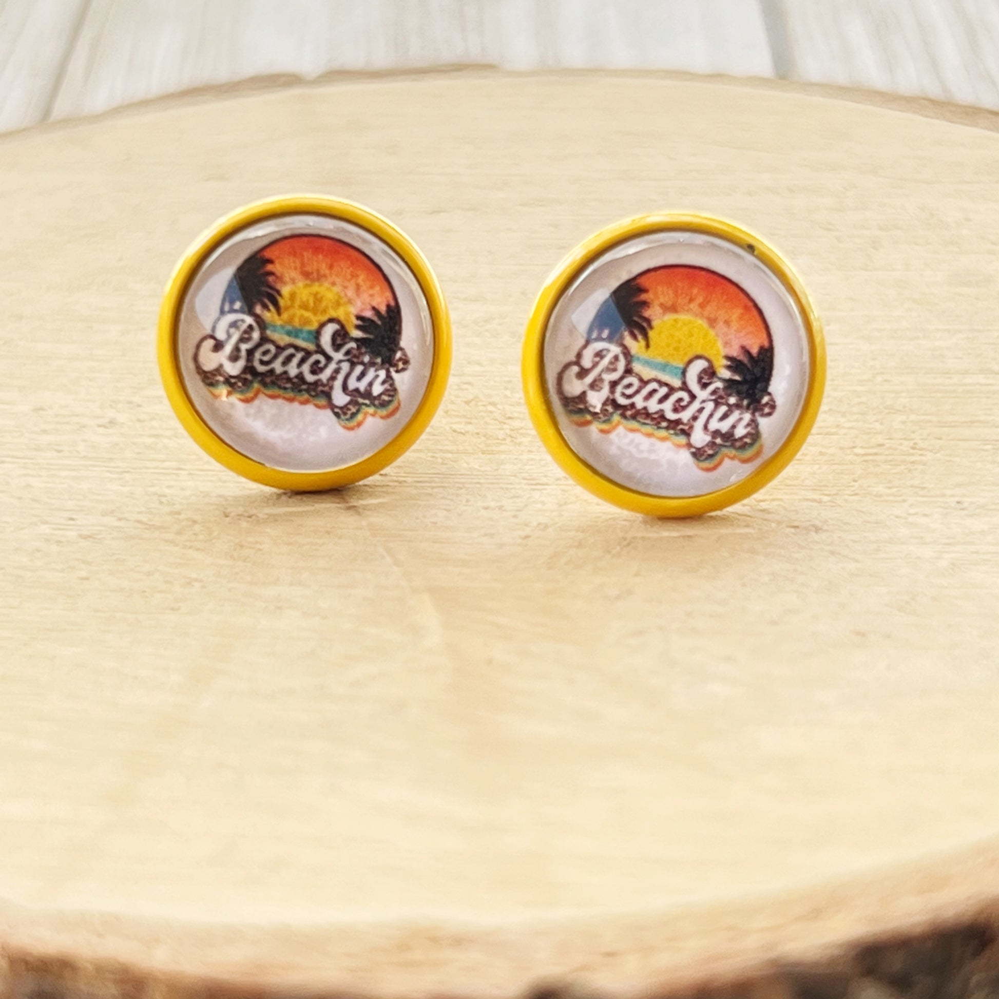 Beachin’ Sunset Stud Earrings – Tropical Retro Summer Jewelry with Yellow