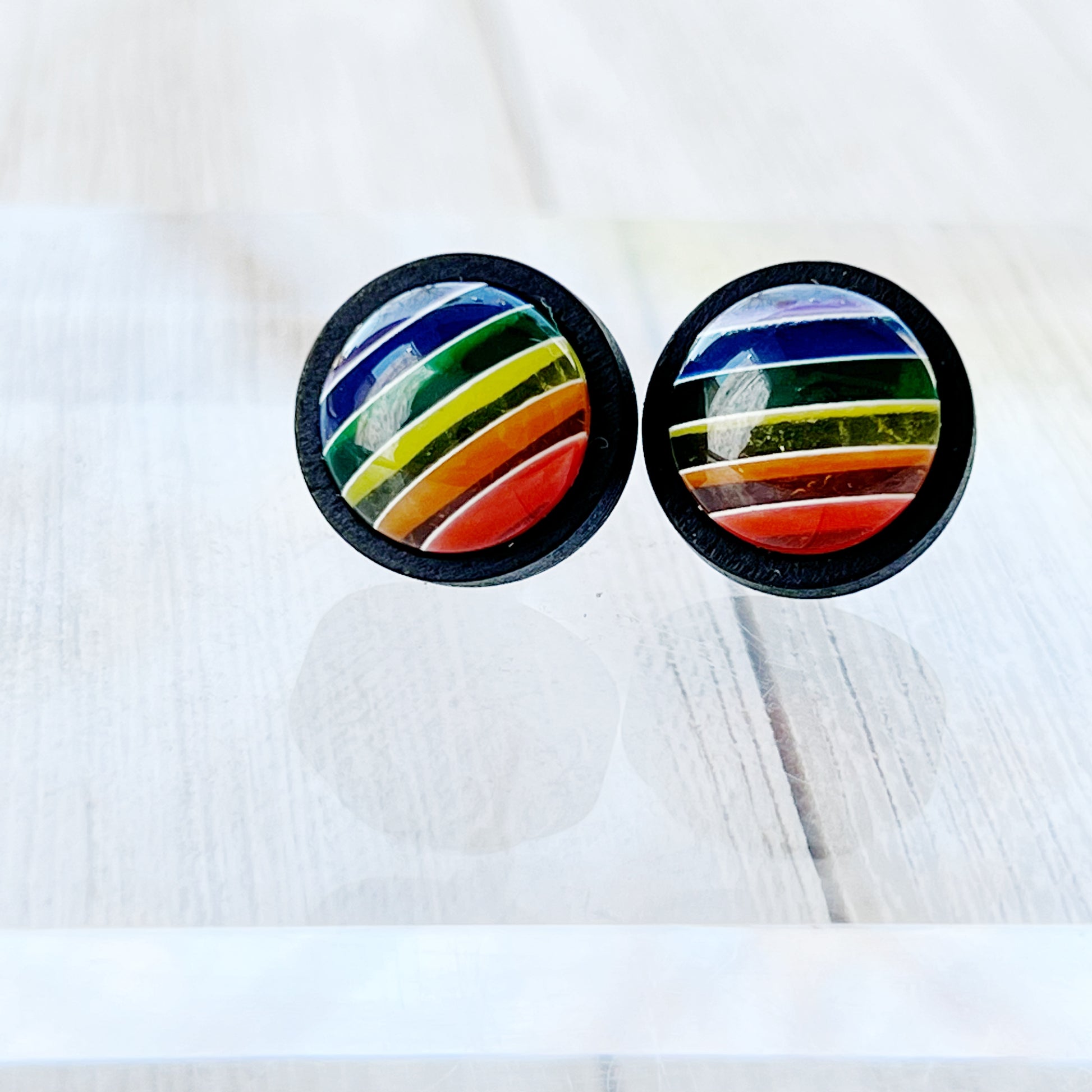 Rainbow Stripe Resin Stud Earrings – Colorful Handmade Jewelry in Black Wood