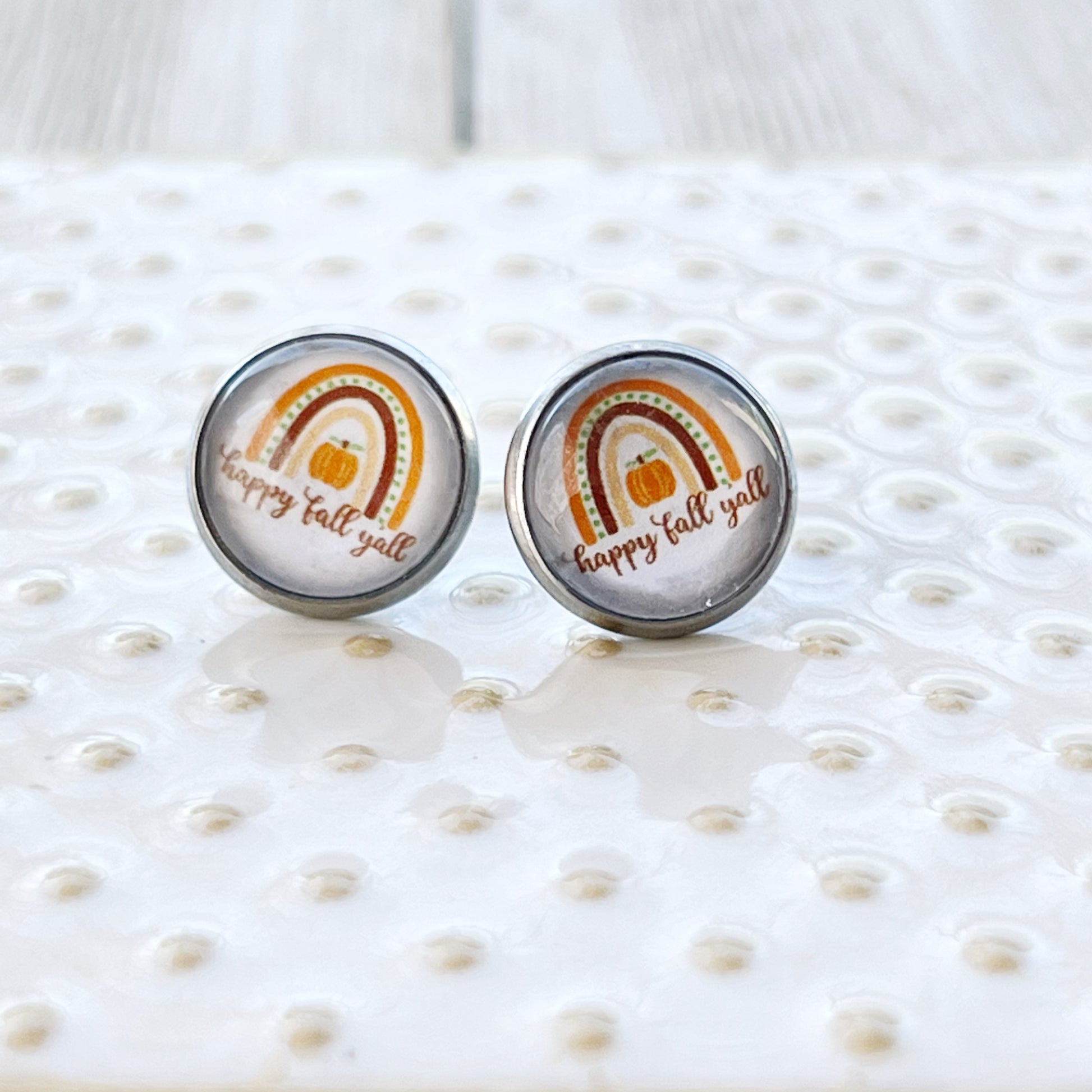 Happy Fall Y’all Stud Earrings – Rainbow Pumpkin Autumn Jewelry in Silver