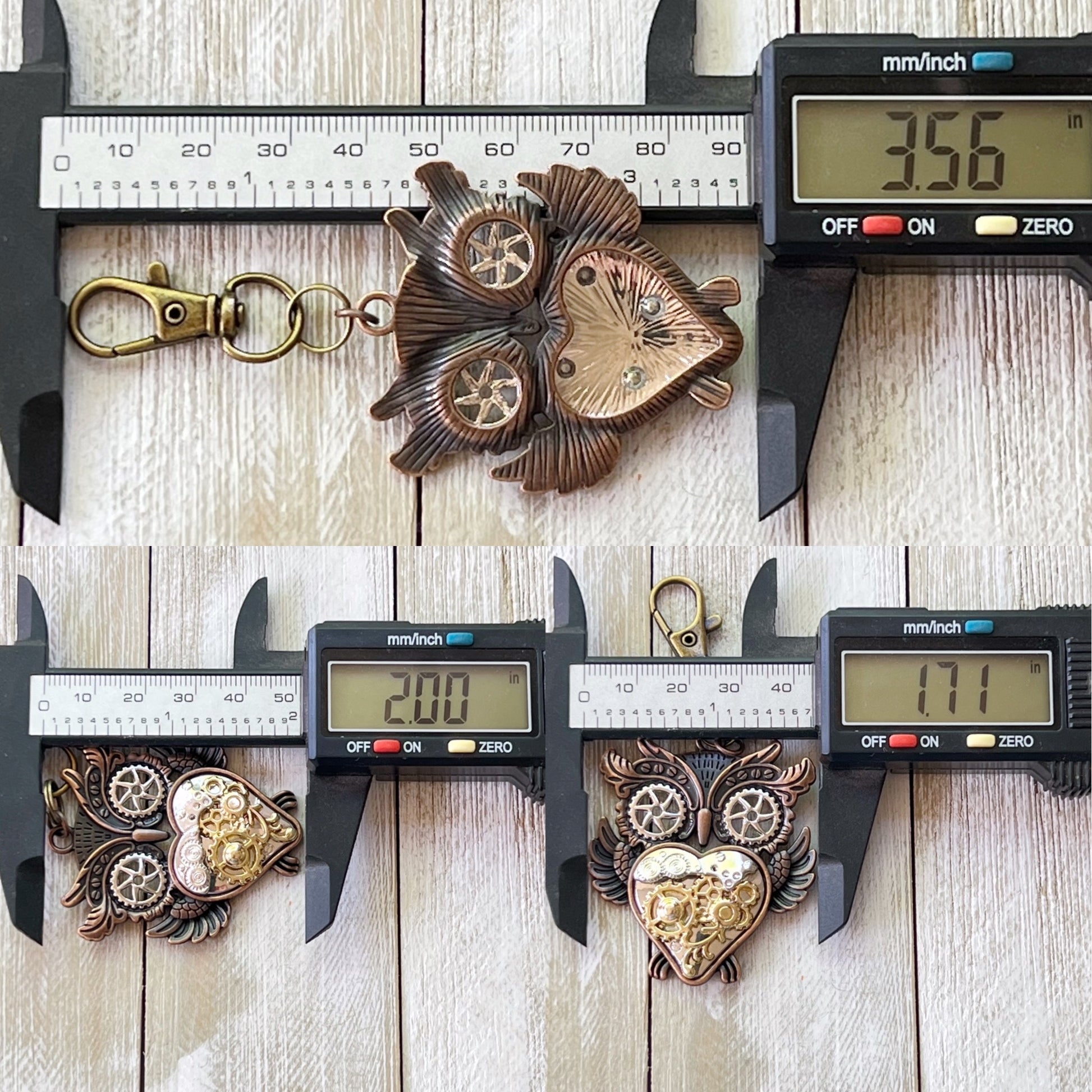 Steampunk Owl Purse Charm – Mixed Metal Heart Keychain with Gear Details