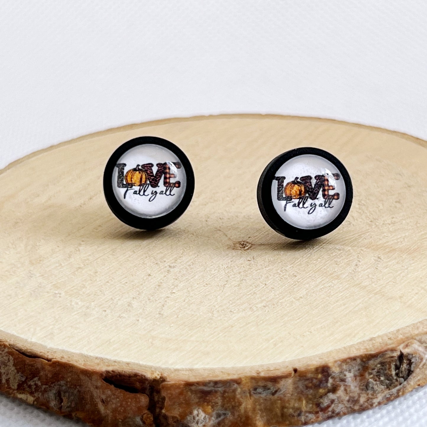 Love Fall Y’all Pumpkin Black Wood Stud Earrings - Festive & Stylish Accessories