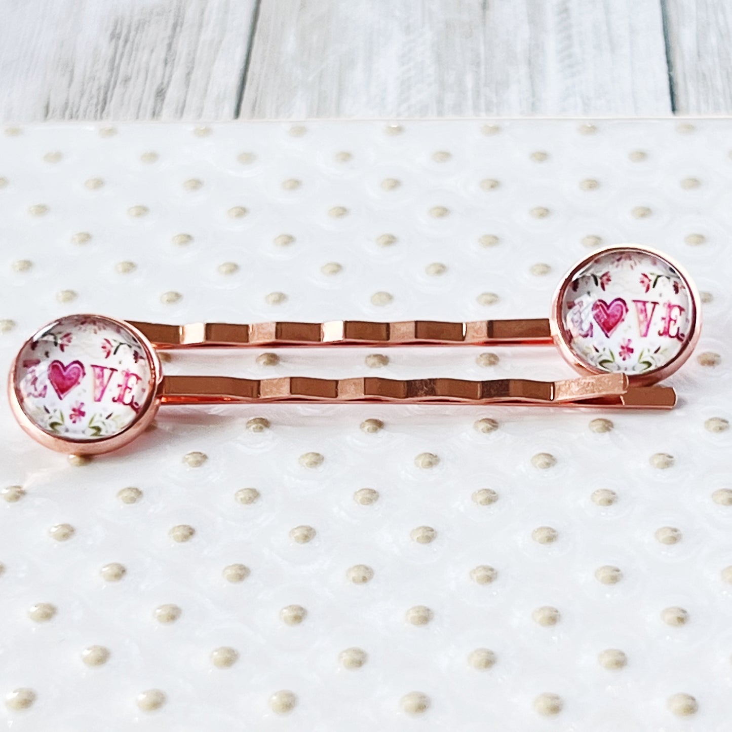 Rose Gold Floral Pink Love Heart Hair Pins