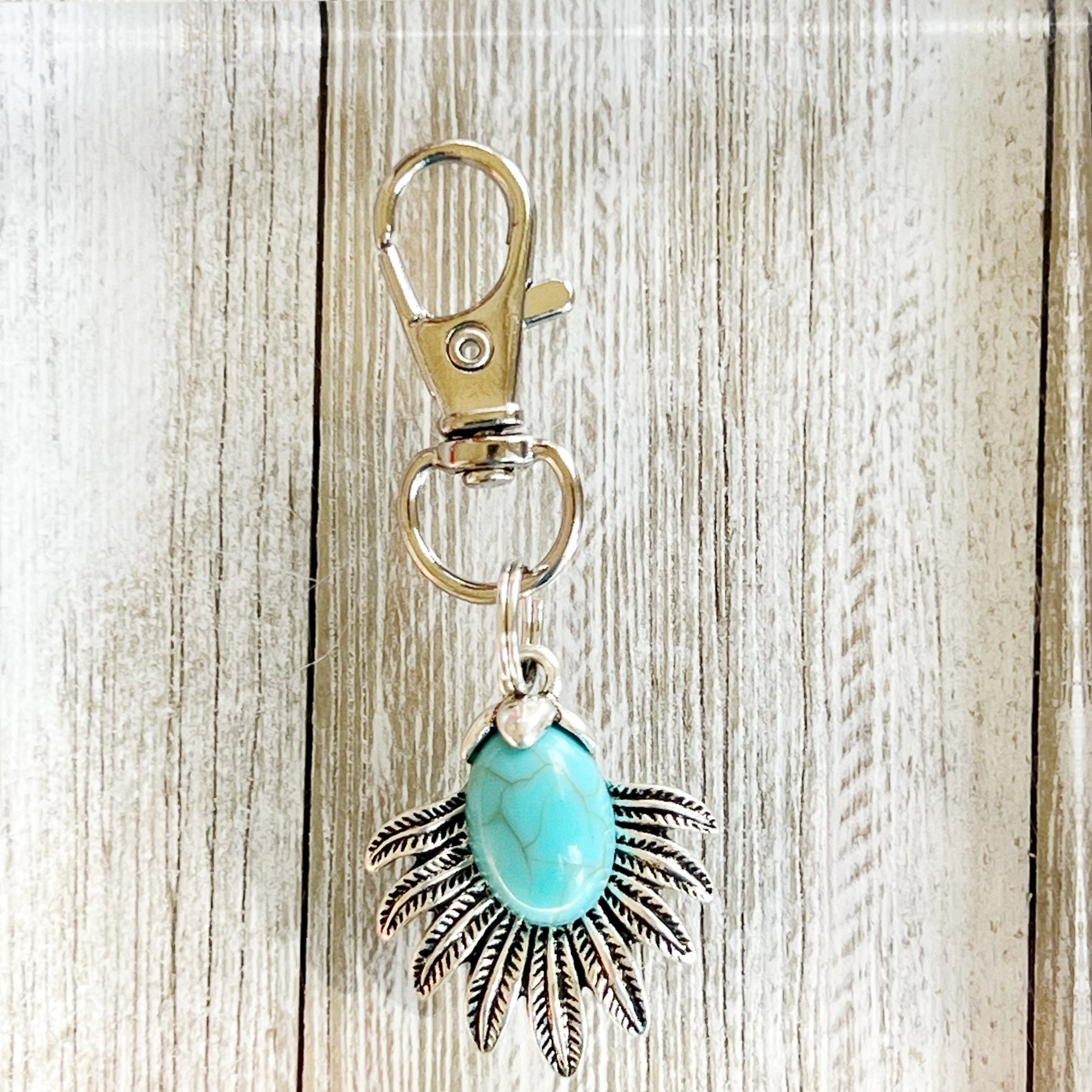 Turquoise Sunburst Purse Charm – Western Boho Keychain with Feather Detail