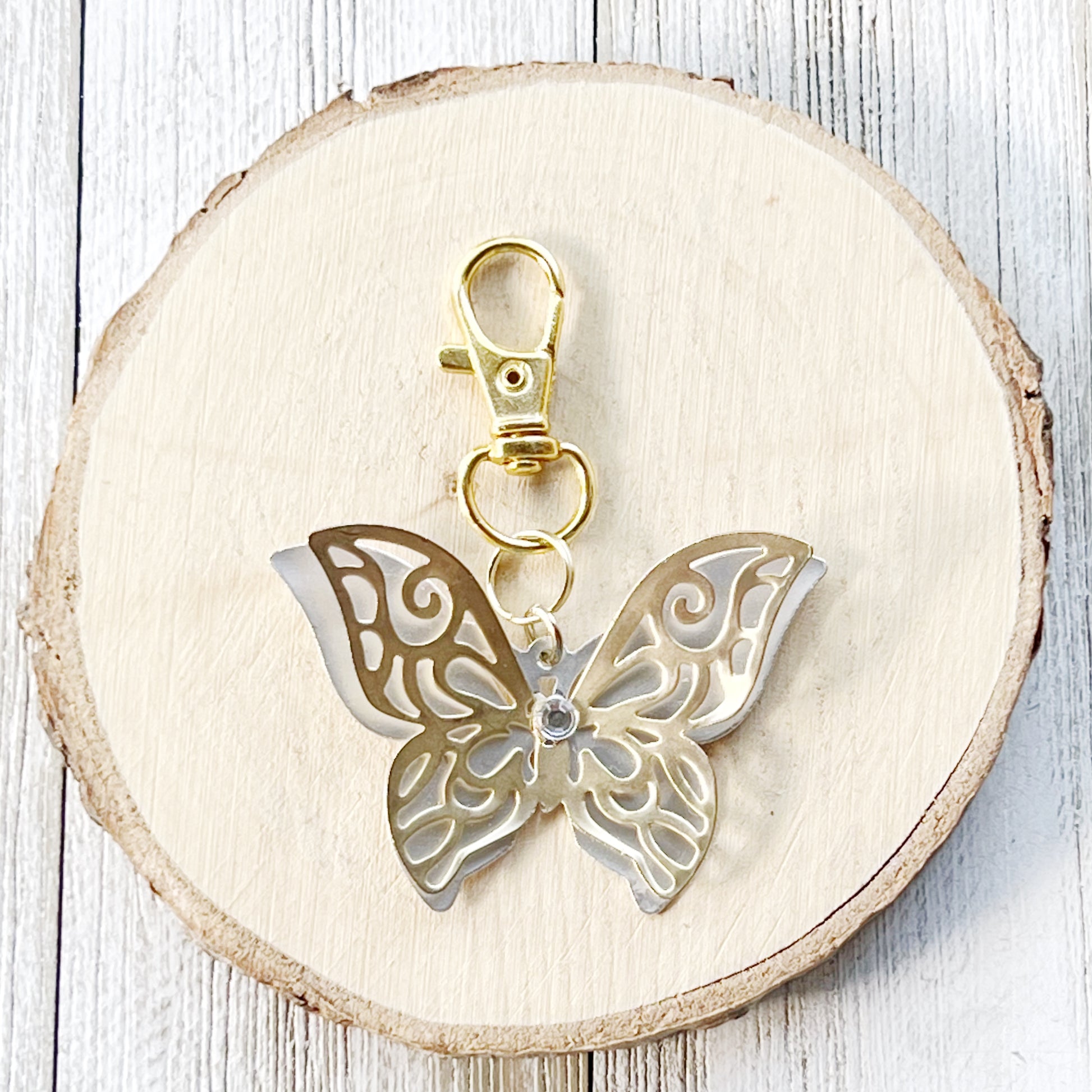 Gold & Silver Butterfly Zipper Pull Keychain Purse Charm with Filigree & Rhinestone Accents - Elegant & Stylish Accessory for Your Bag