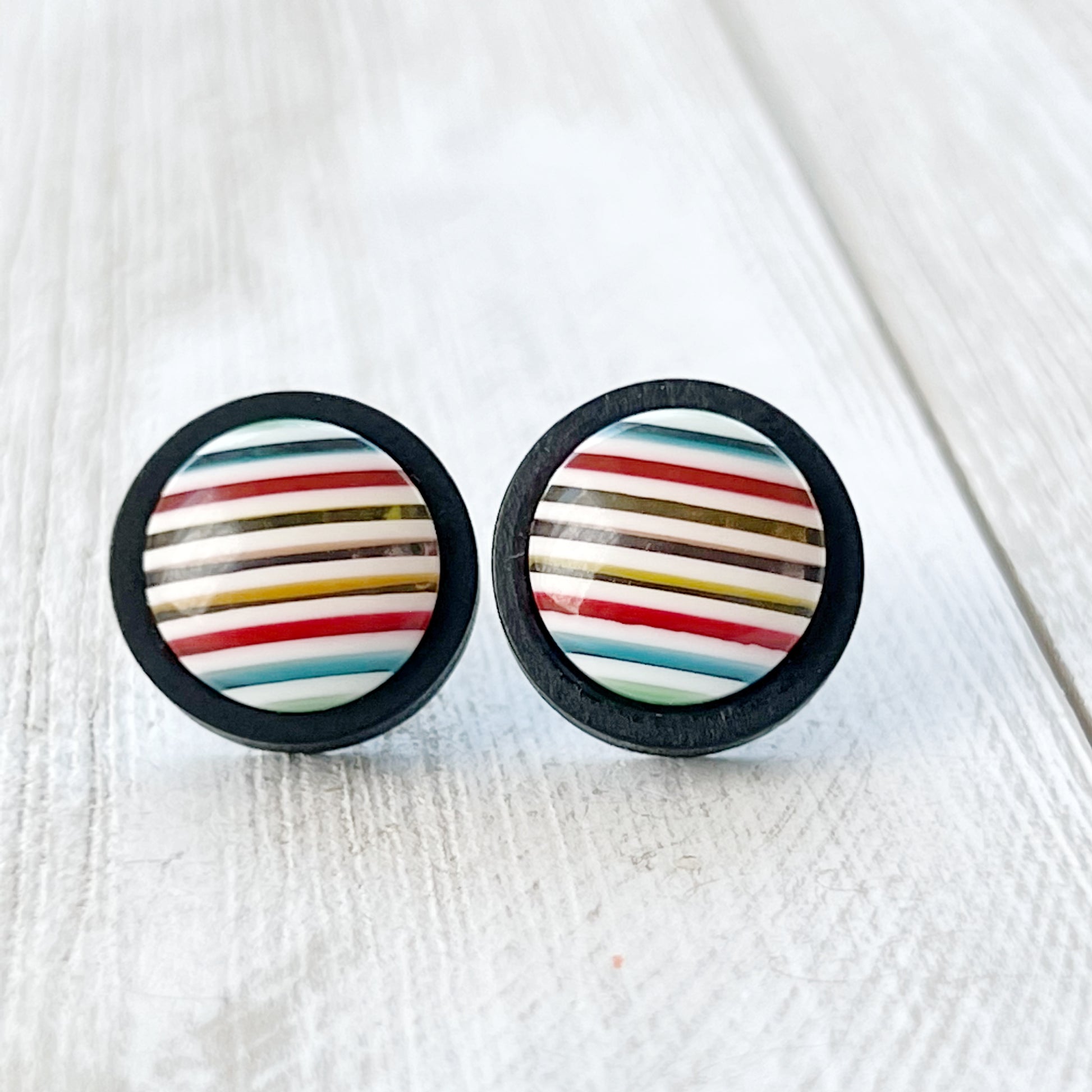 Striped Resin Stud Earrings – Multicolor Round Handmade Boho Jewelry