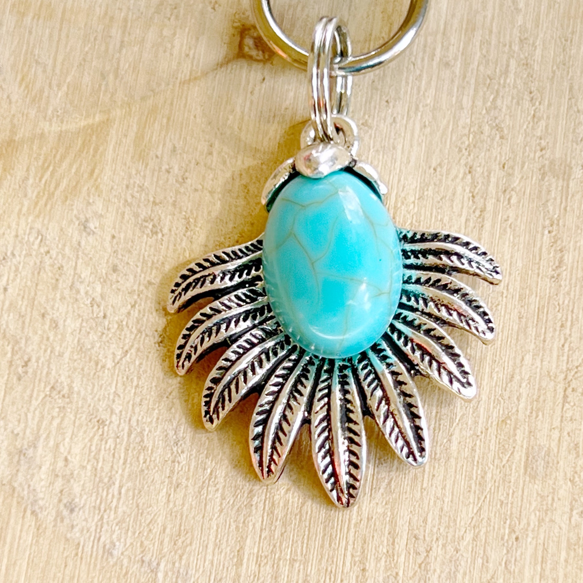 Turquoise Sunburst Purse Charm – Western Boho Keychain with Feather Detail