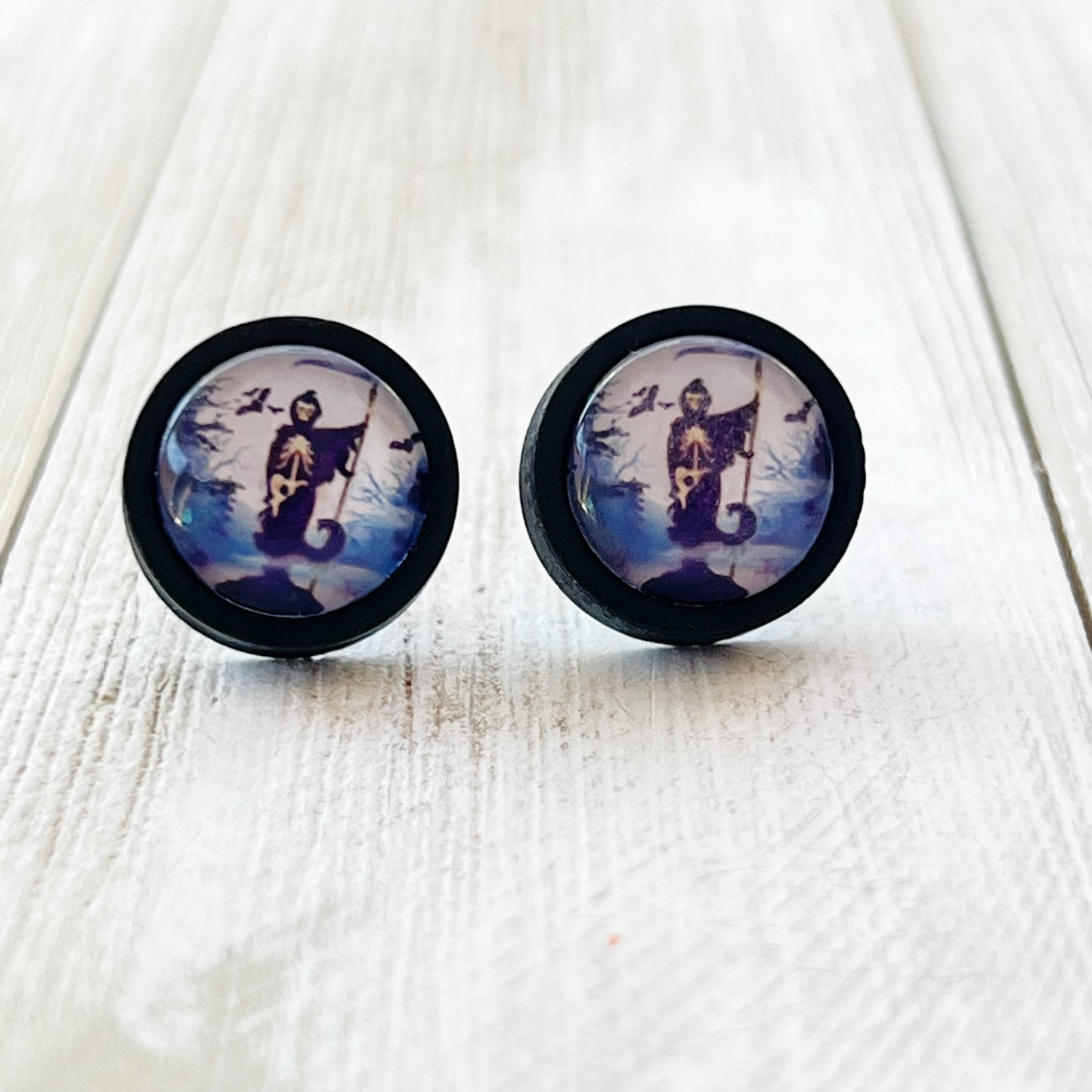 Grim Reaper Black Wood Stud Earrings - Spooky and Stylish Halloween Accessories