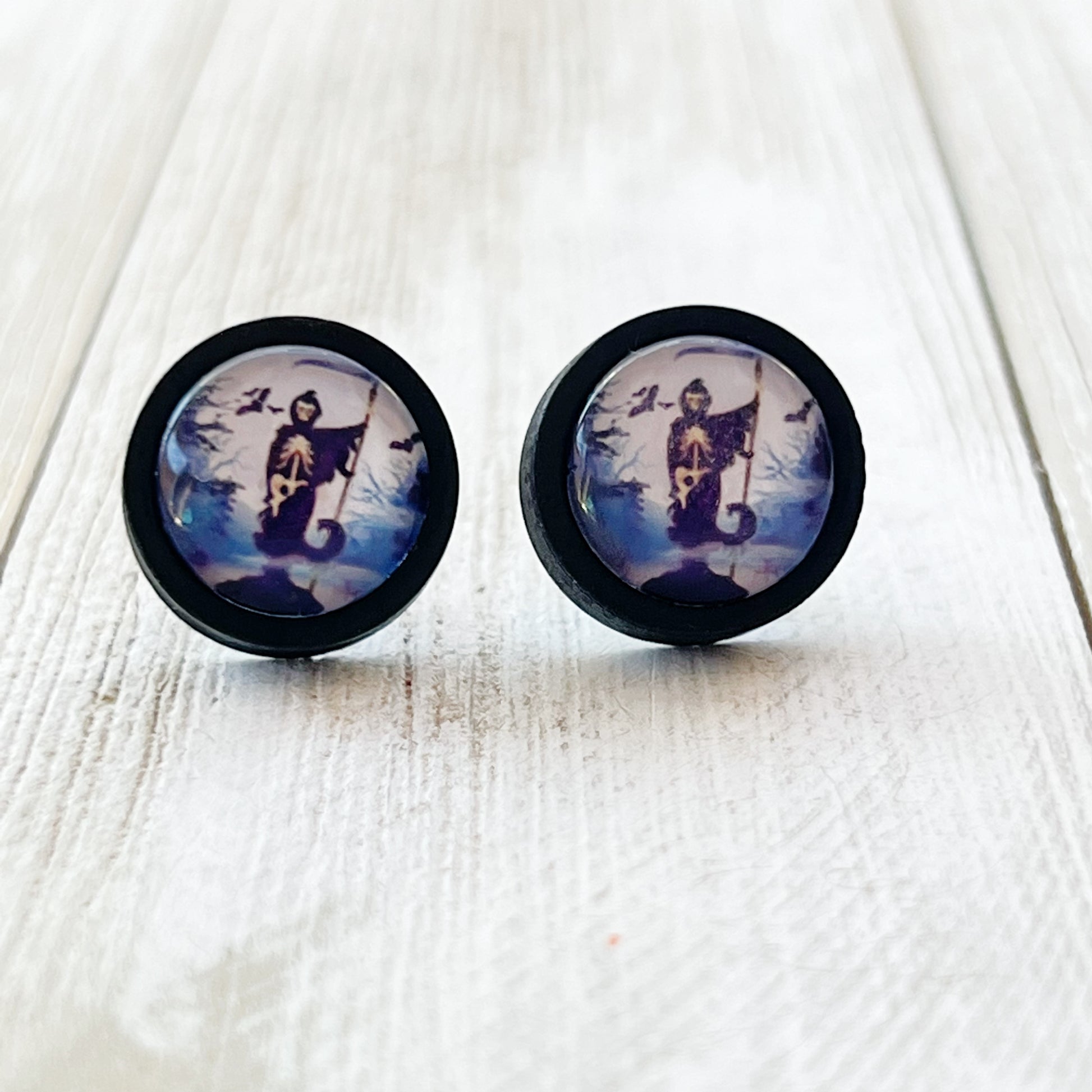 Grim Reaper Black Wood Stud Earrings - Spooky and Stylish Halloween Accessories