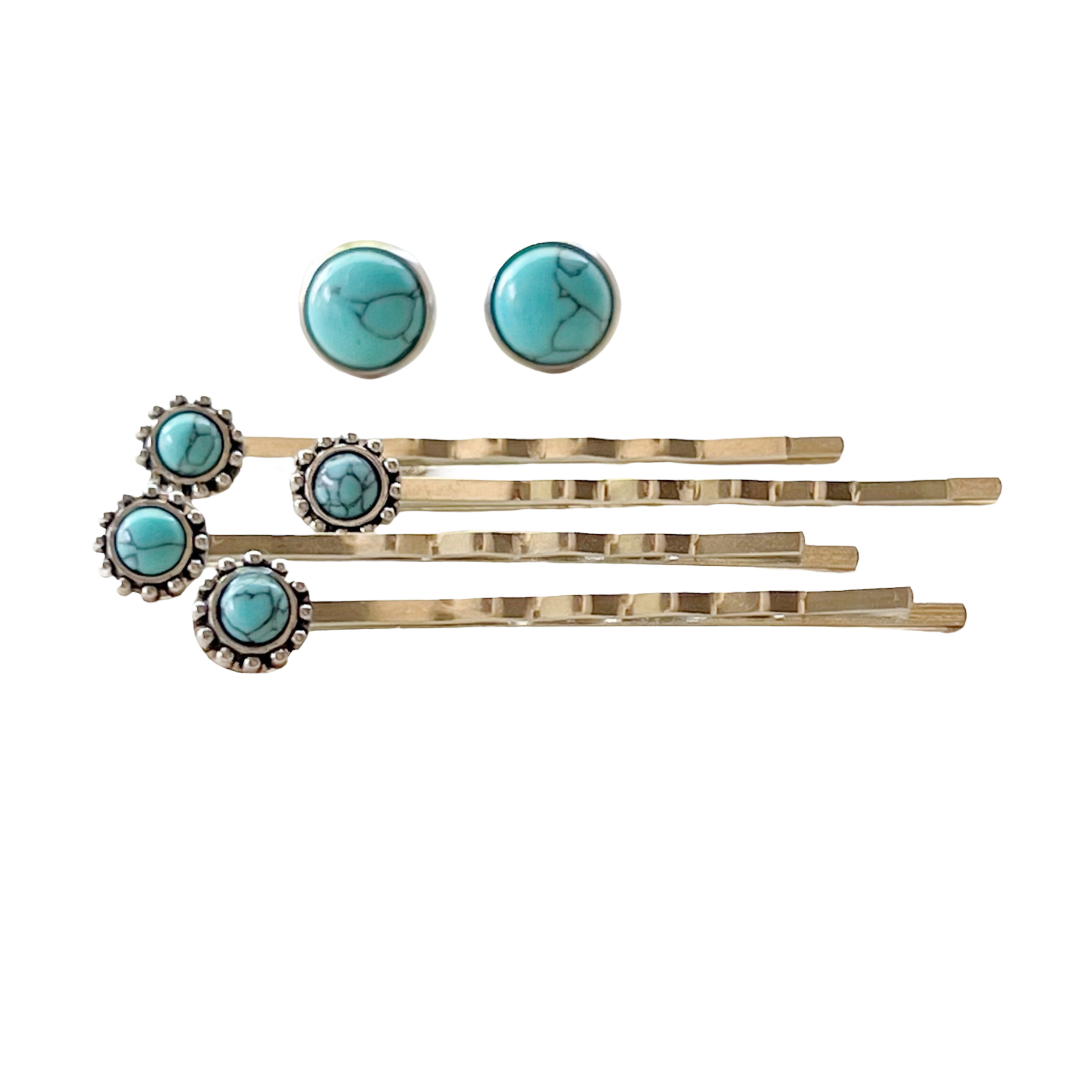 Women's Western Turquoise Hair Pins with Matching 10mm Earrings - Stylish Set for Western-inspired Looks