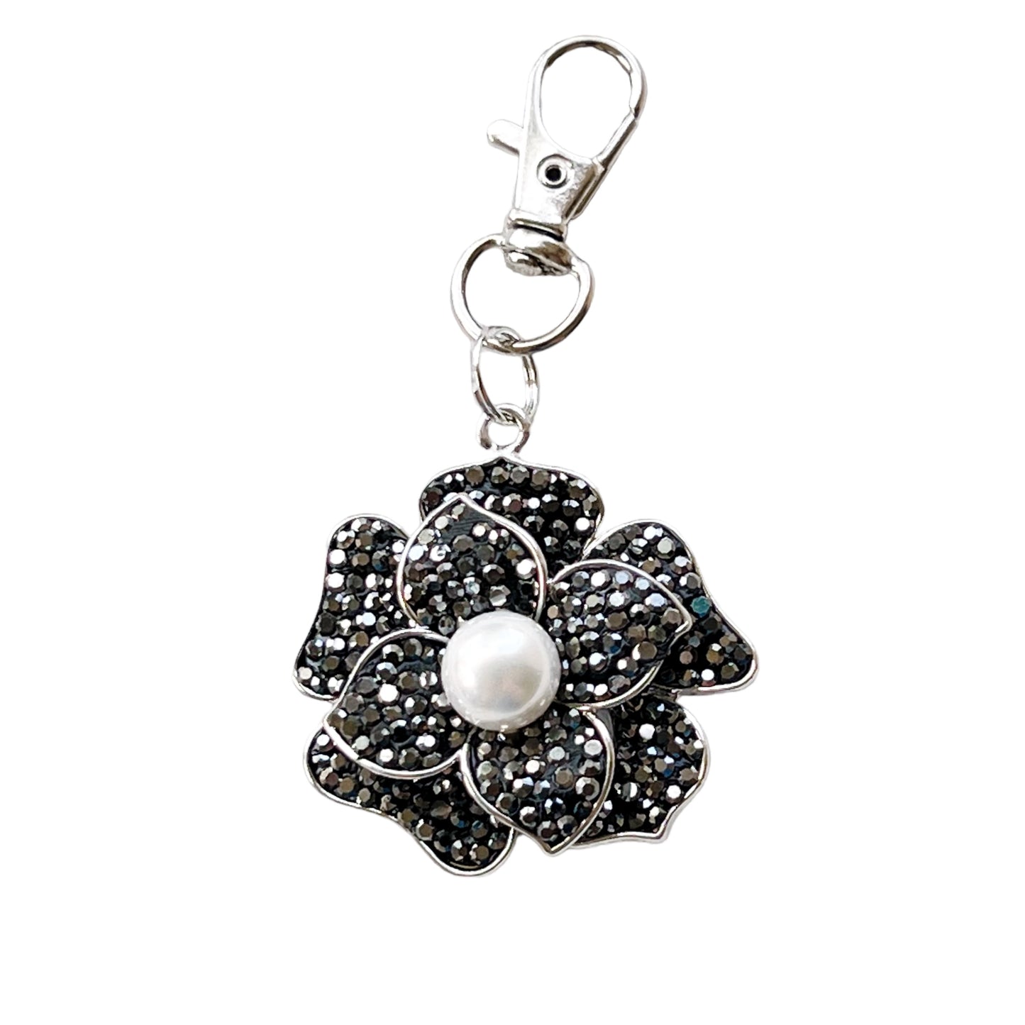 Flower Purse Charm with Rhinestones & Pearl: Elegant Accessory for Your Bag