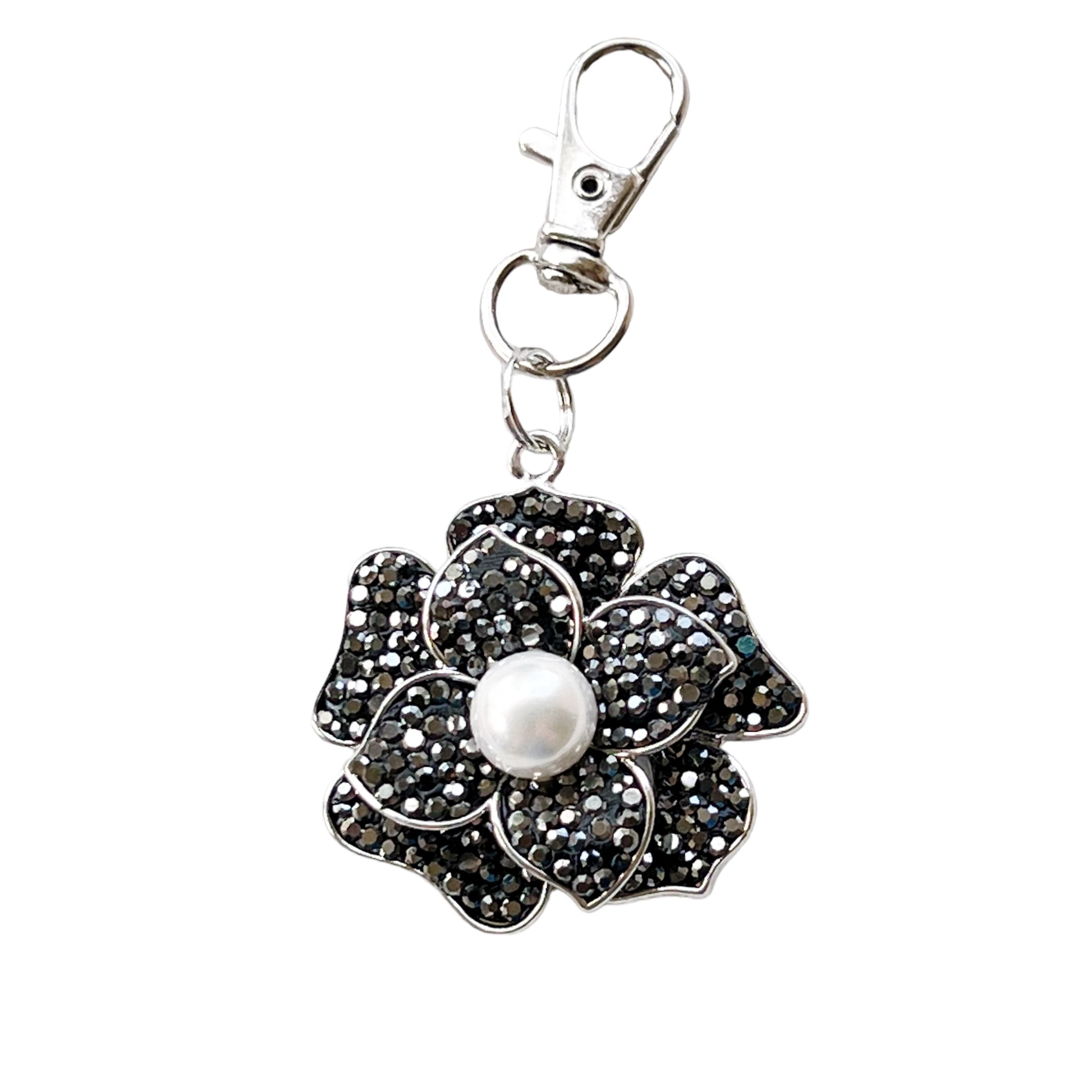 Flower Purse Charm with Rhinestones & Pearl: Elegant Accessory for Your Bag