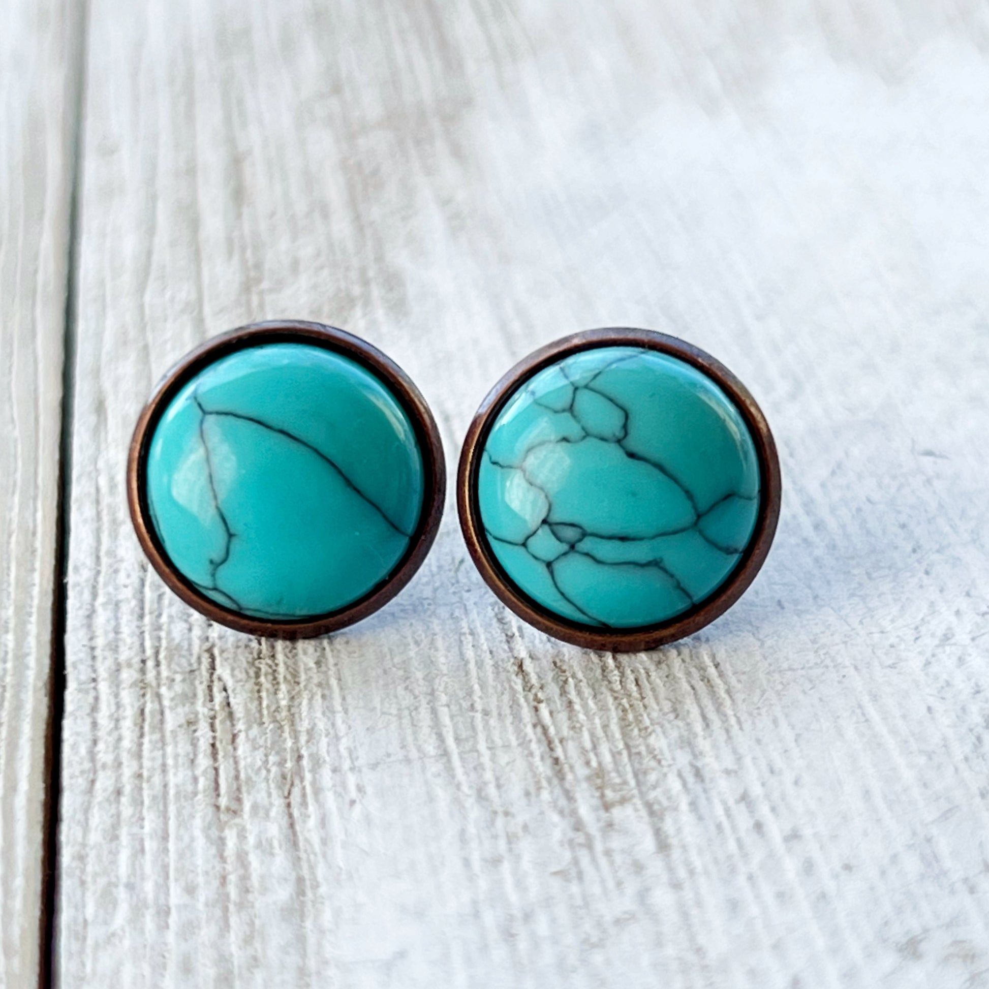Turquoise Stone Stud Earrings – Copper Round Boho Western Jewelry
