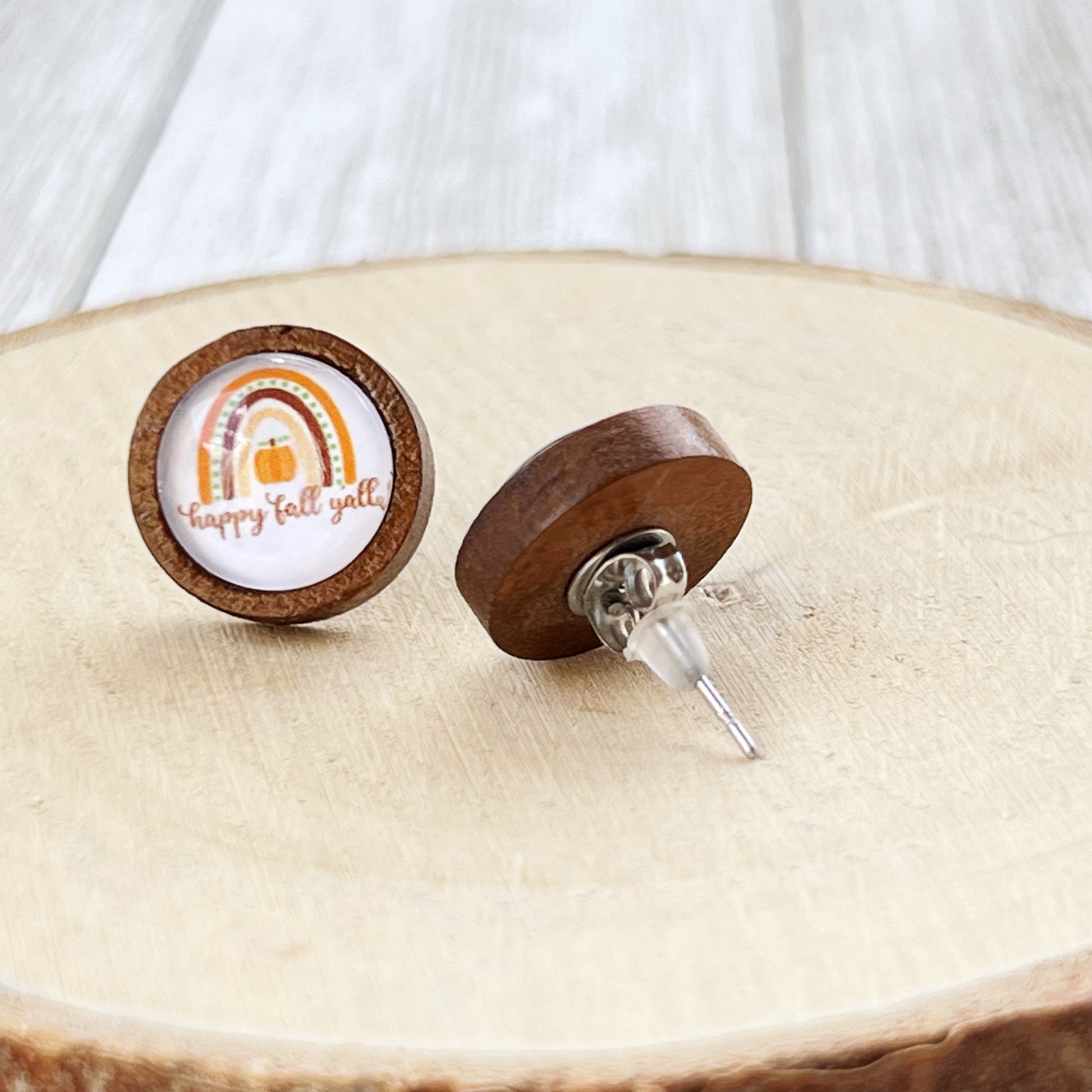 Boho Rainbow Happy Fall Y’all Wood Stud Earrings - Festive Autumn Accessories