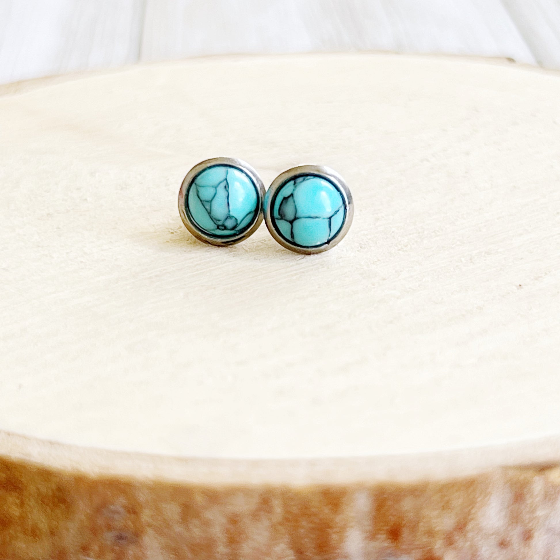 Turquoise Stud Earrings – 6mm Round Silver Boho Western Jewelry