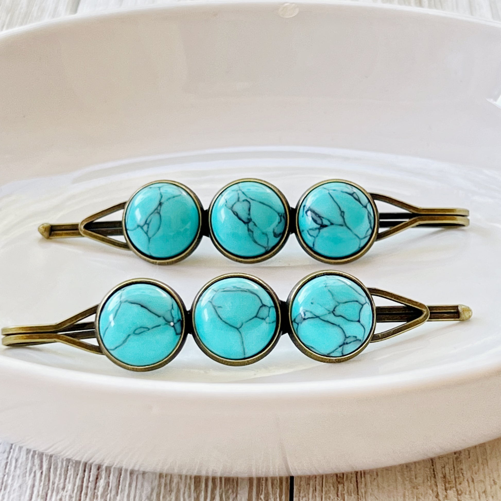 Turquoise Hair Pins - Western Cowgirl Decorative Brass Bobby Pins, Women's Southwestern Hair Accessories