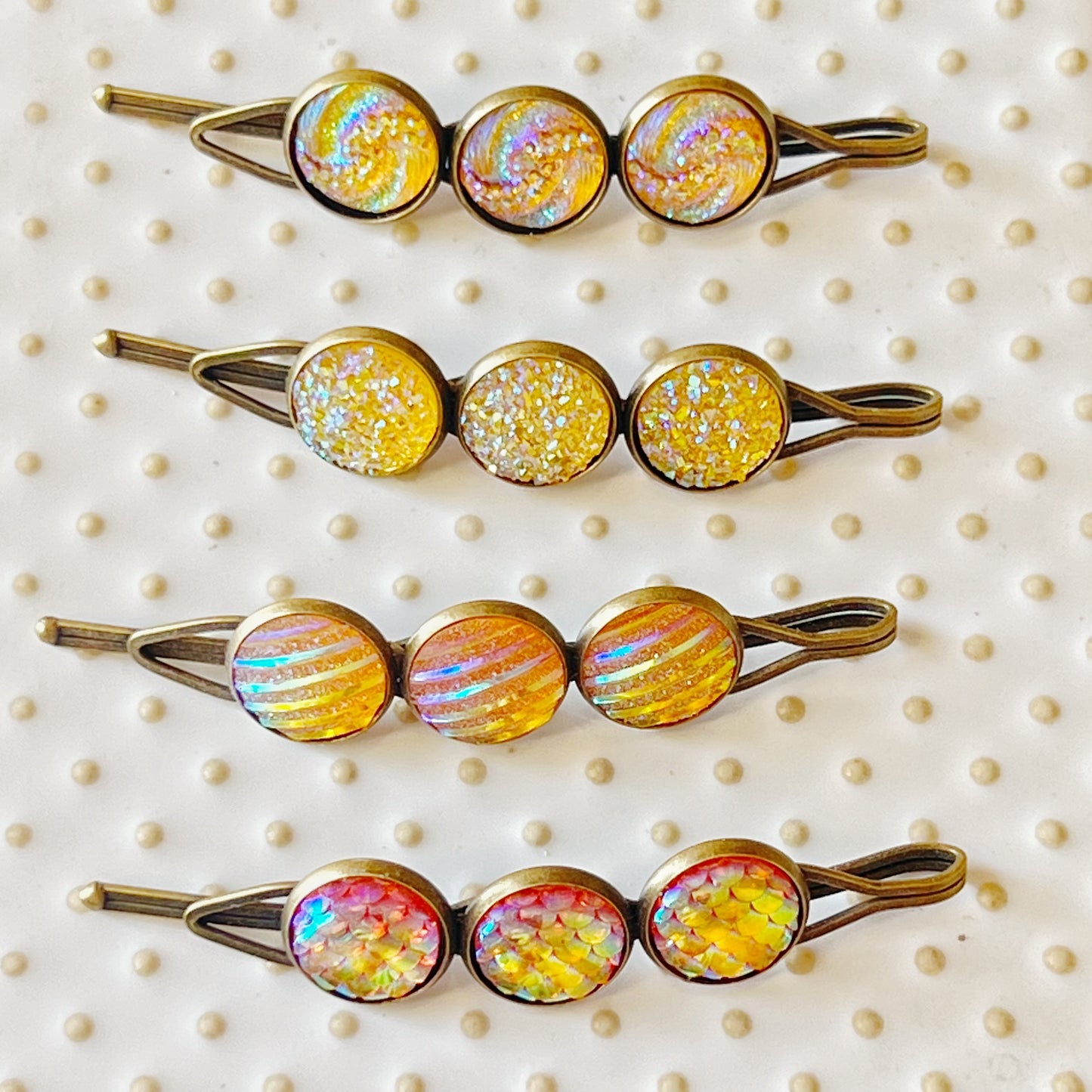 Yellow-Orange Glitter Druzy Hair Pins Set - Set of 4 with Unique Pattern Designs