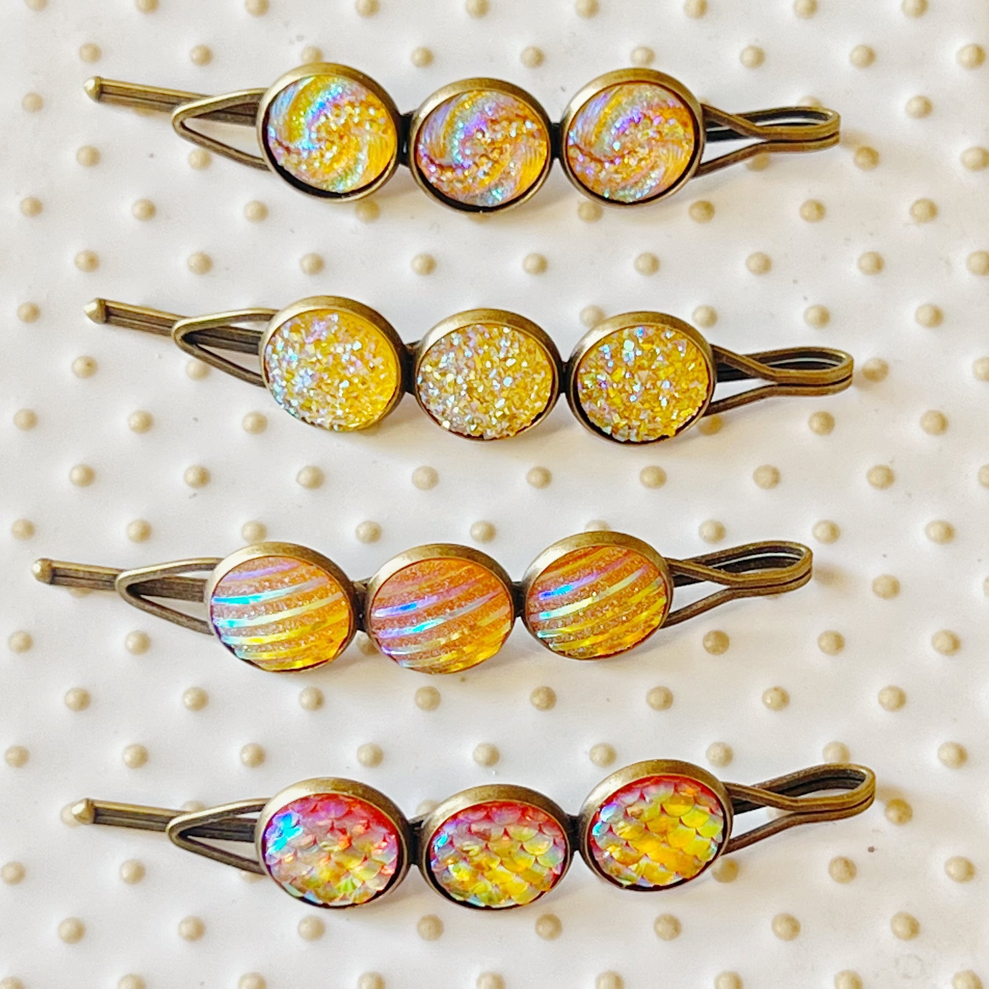 Yellow-Orange Glitter Druzy Hair Pins Set - Set of 4 with Unique Pattern Designs