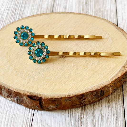 Blue Rhinestone Flower Hair Pins - Elegant and Sparkling Floral Hair Accessories